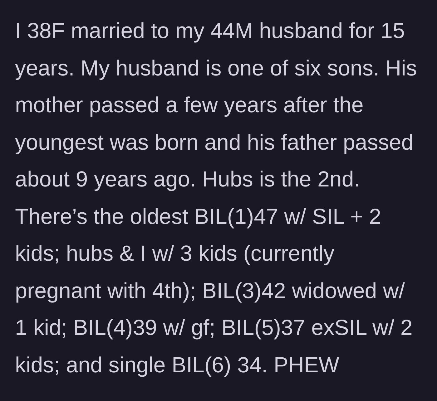Story part 1 - The author introduces her husband and his massive family of six brothers.