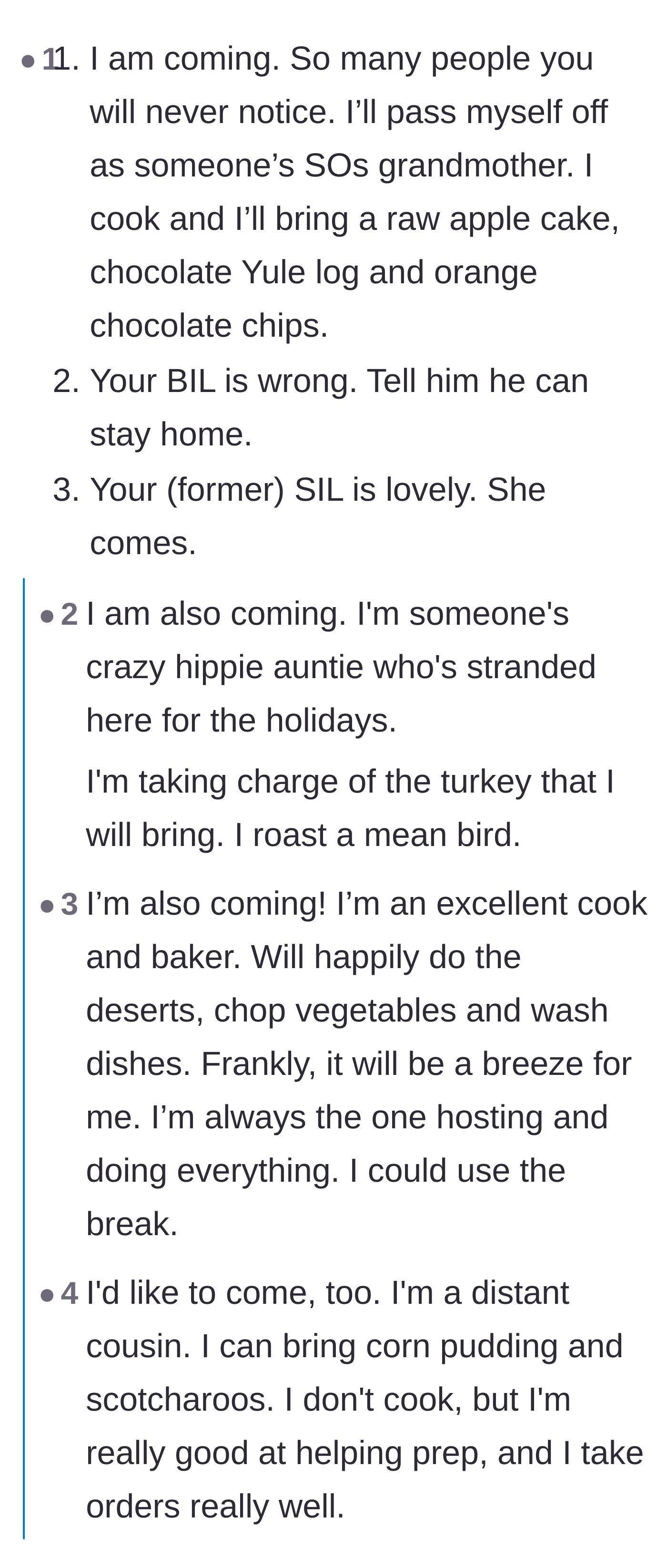 Comment thread 1 - A long chain of readers inviting themselves to the author's house and sharing boozy holiday cake recipes.