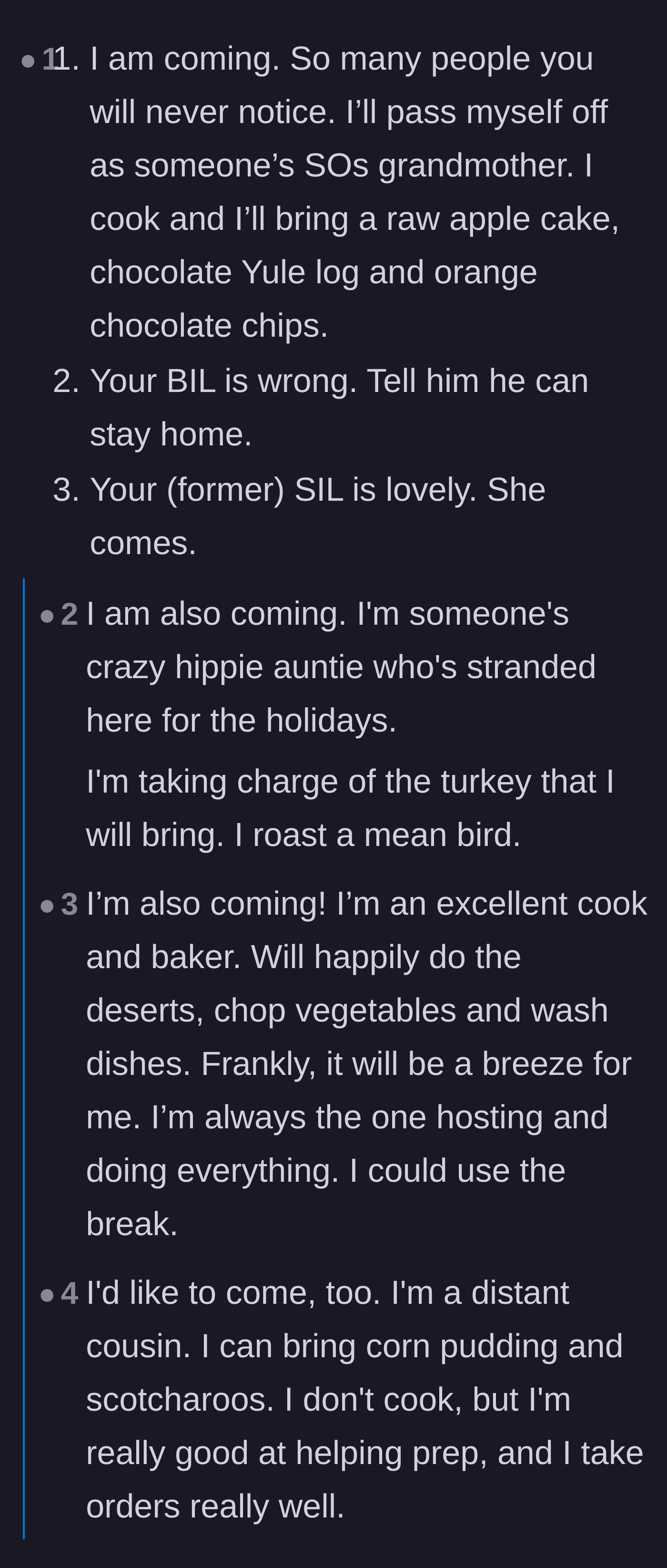 Comment thread 1 - A long chain of readers inviting themselves to the author's house and sharing boozy holiday cake recipes.