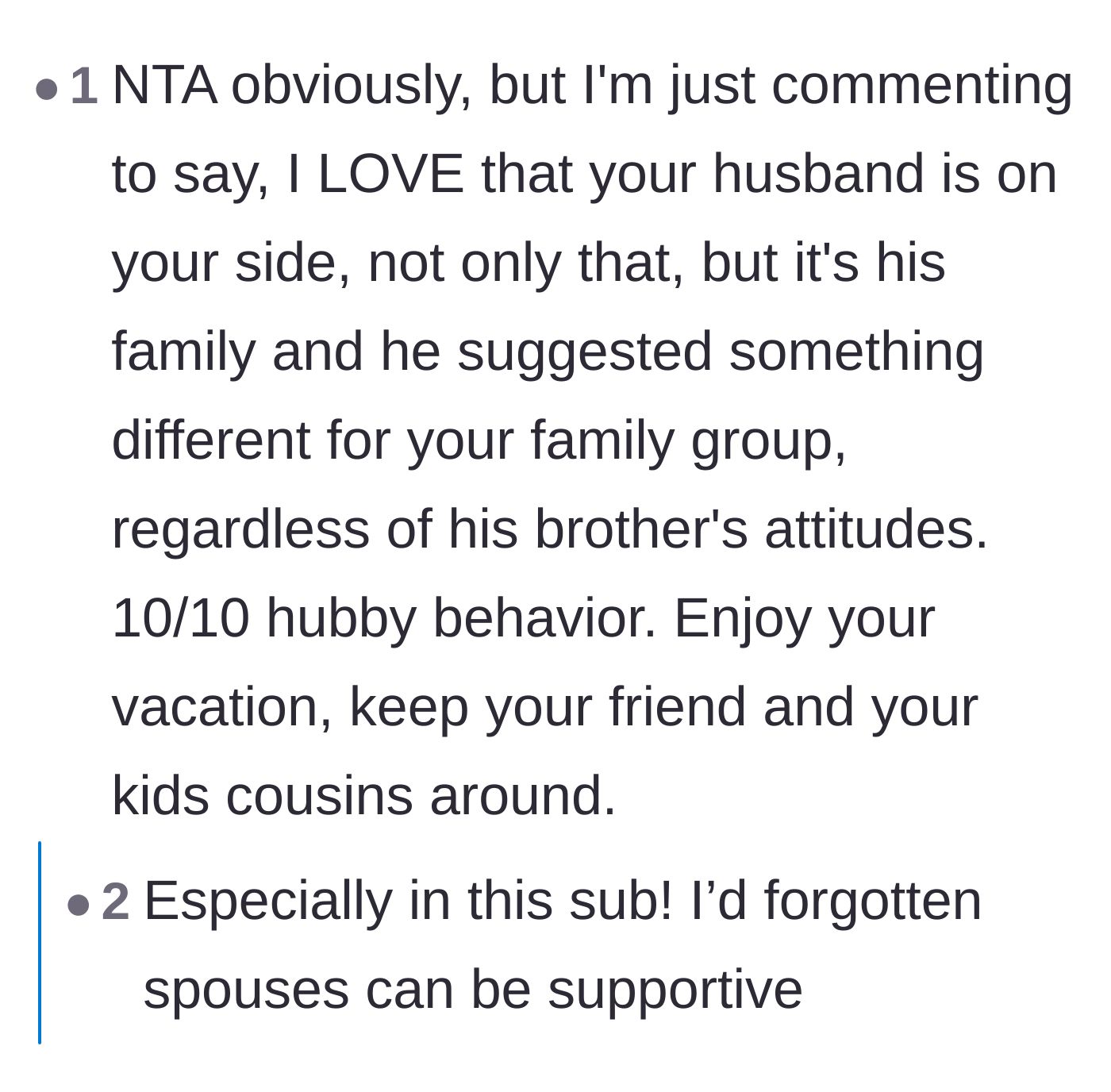 Comment thread 2 - Readers praising the author's husband for standing up to his family and protecting his wife.