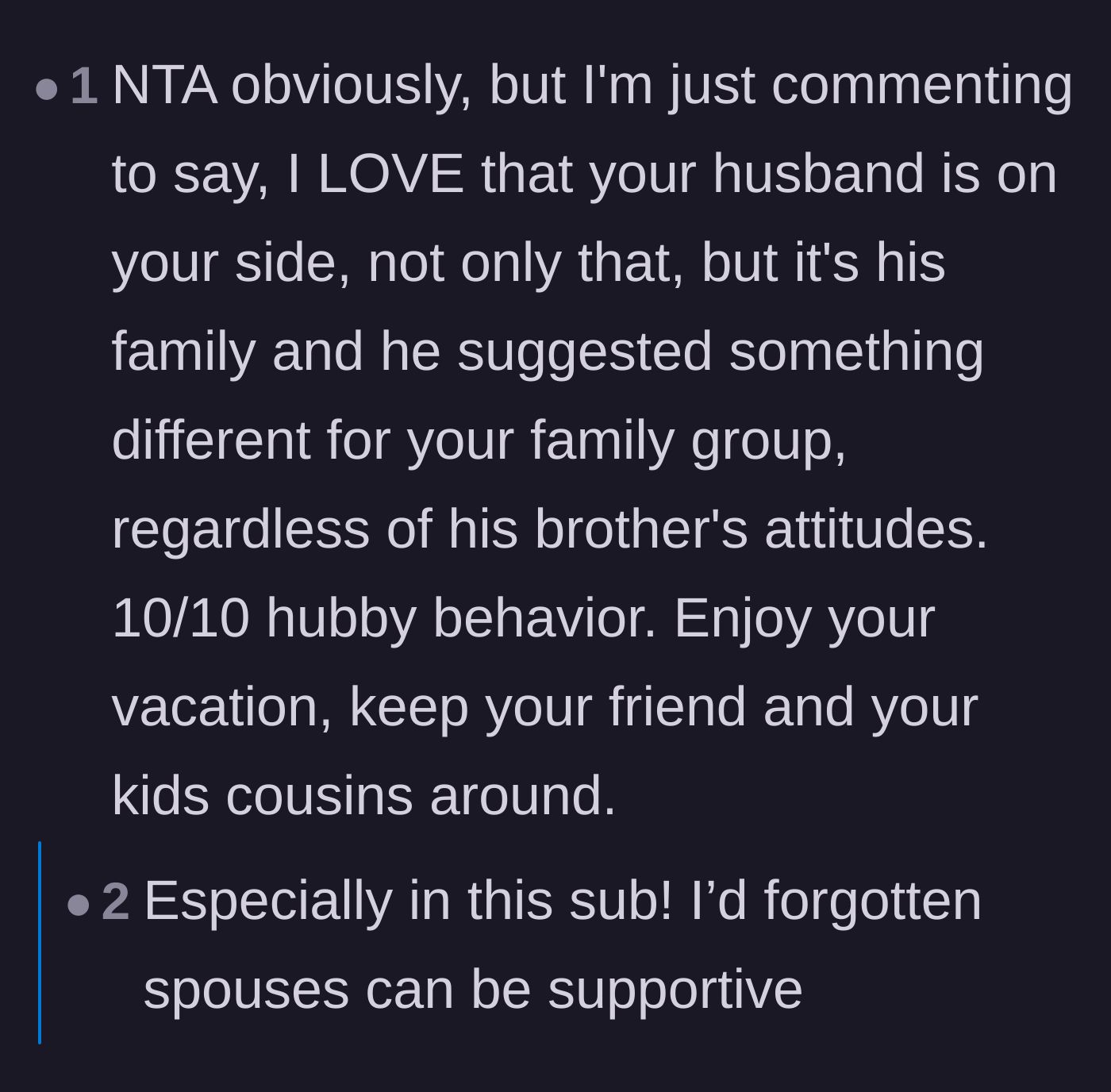 Comment thread 2 - Readers praising the author's husband for standing up to his family and protecting his wife.