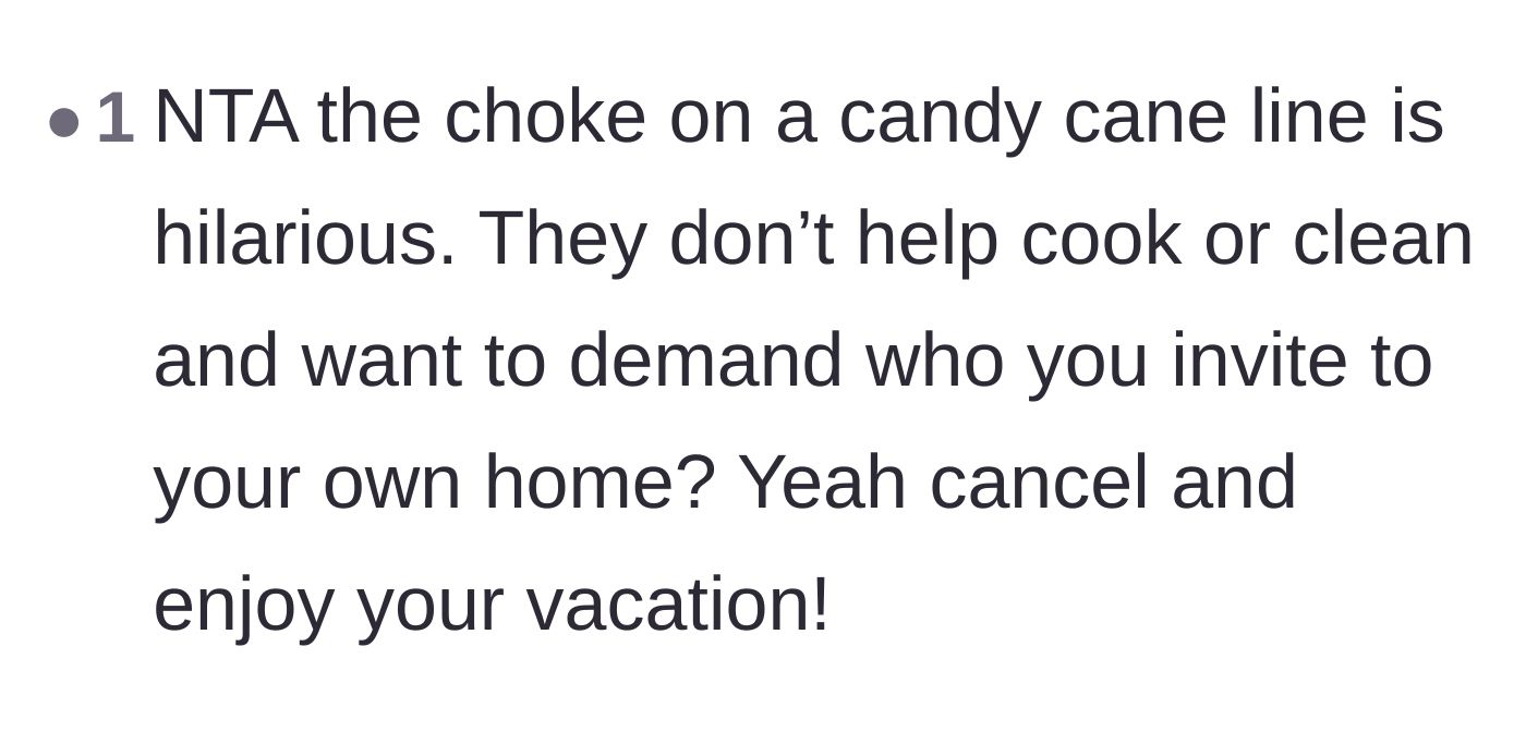 Comment thread 5 - A reader laughing at the author telling her in-laws to choke on a candy cane.