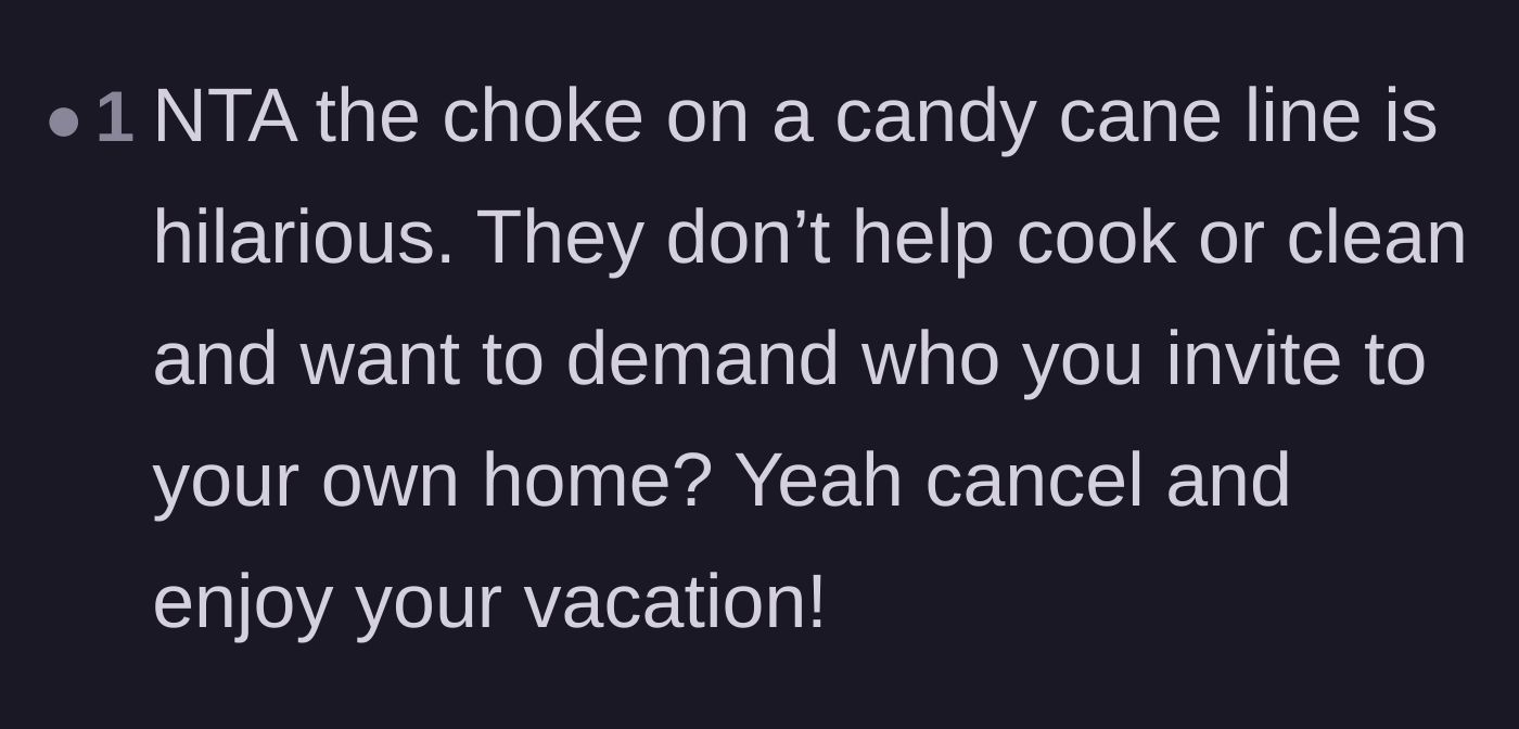 Comment thread 5 - A reader laughing at the author telling her in-laws to choke on a candy cane.