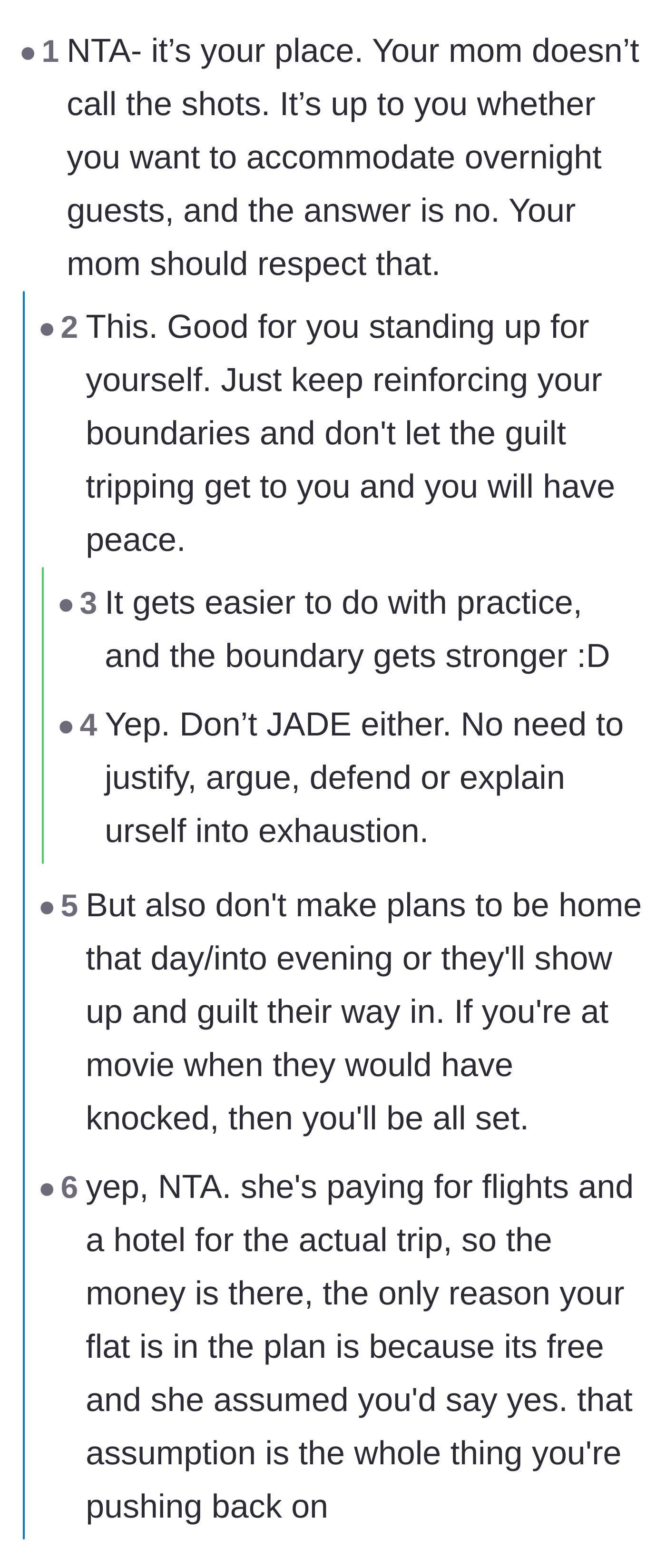 Comment thread 1 - Advice on maintaining boundaries and avoiding the trap of justifying or explaining the refusal.