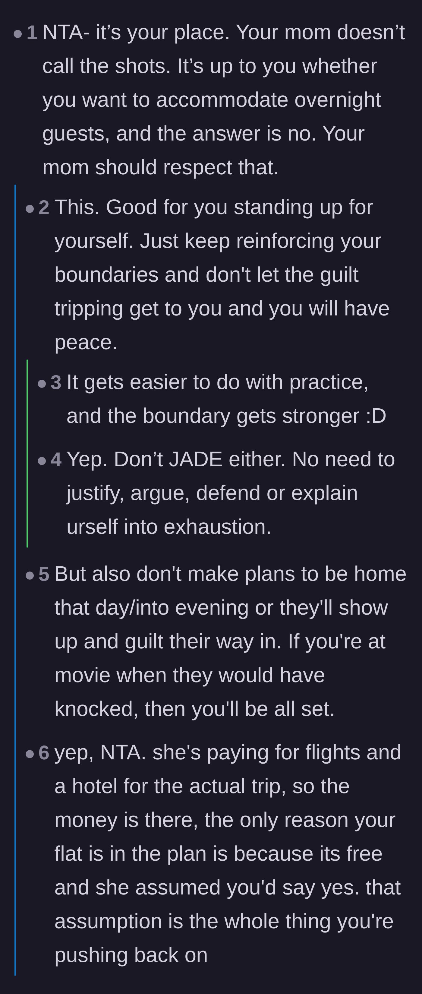 Comment thread 1 - Advice on maintaining boundaries and avoiding the trap of justifying or explaining the refusal.