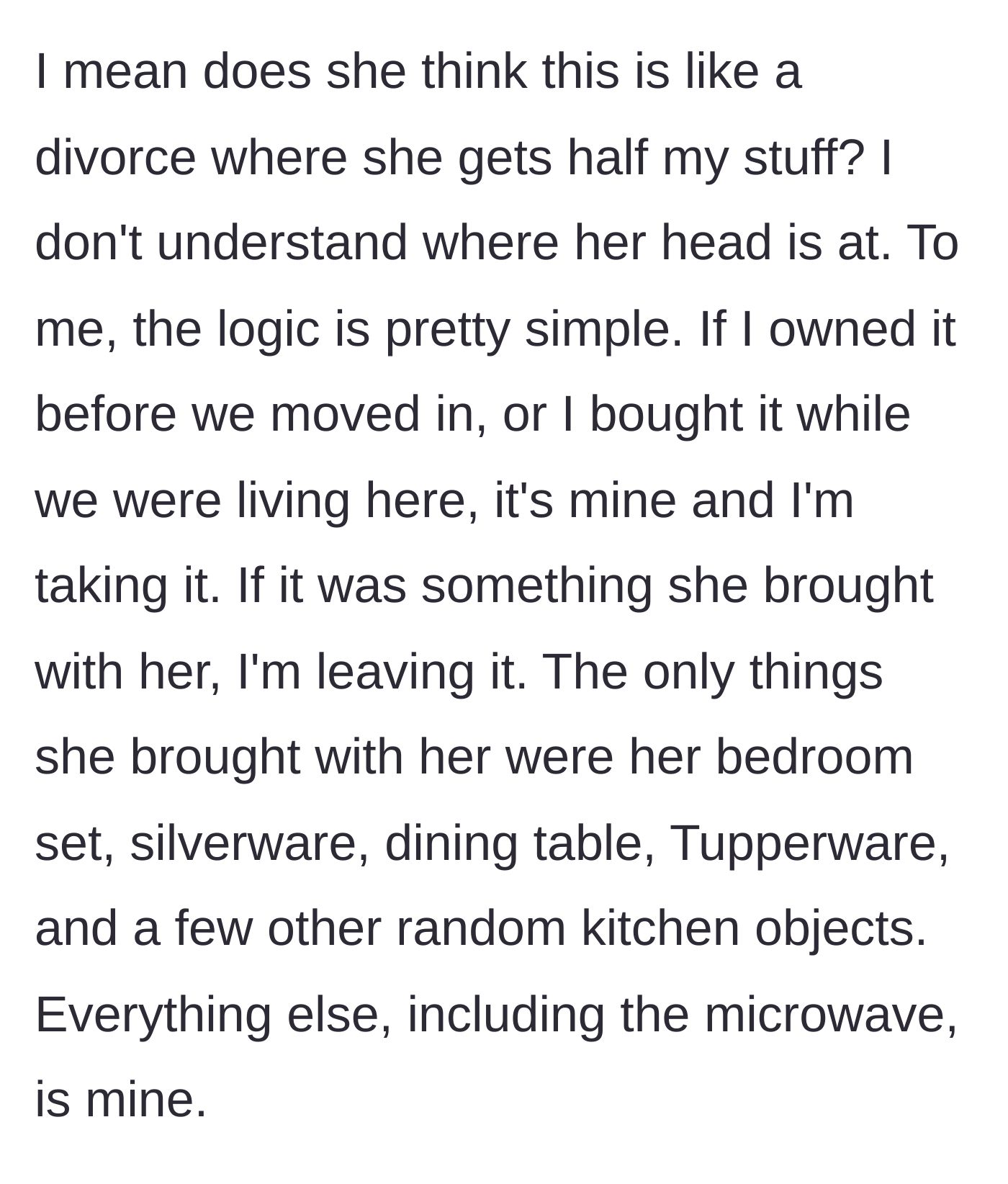 Story part 4 - The logical breakdown of who actually owns the apartment's furnishings.