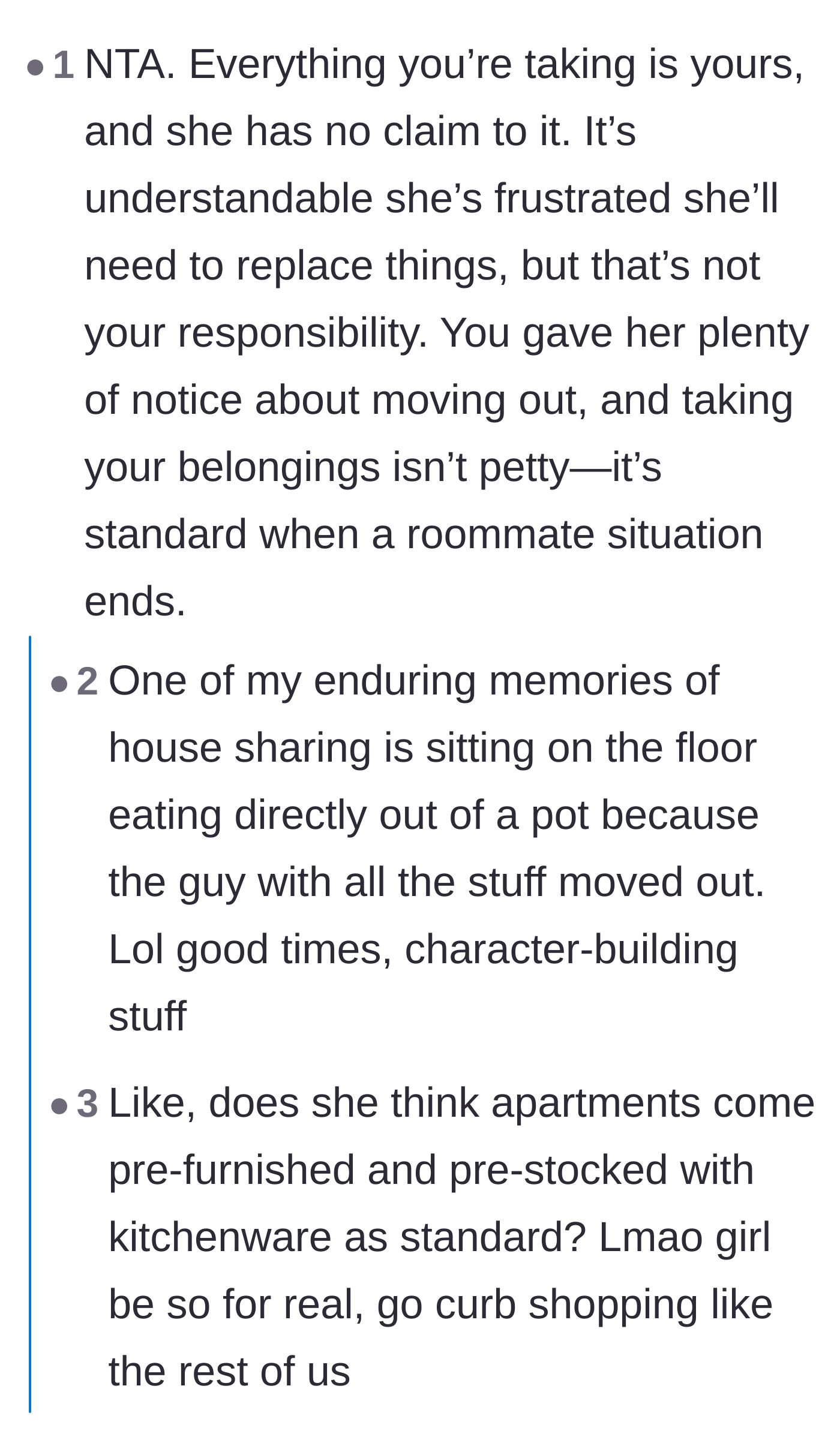 Comment thread 1 - Readers sharing humorous anecdotes about the stark reality of living in a suddenly unfurnished apartment.