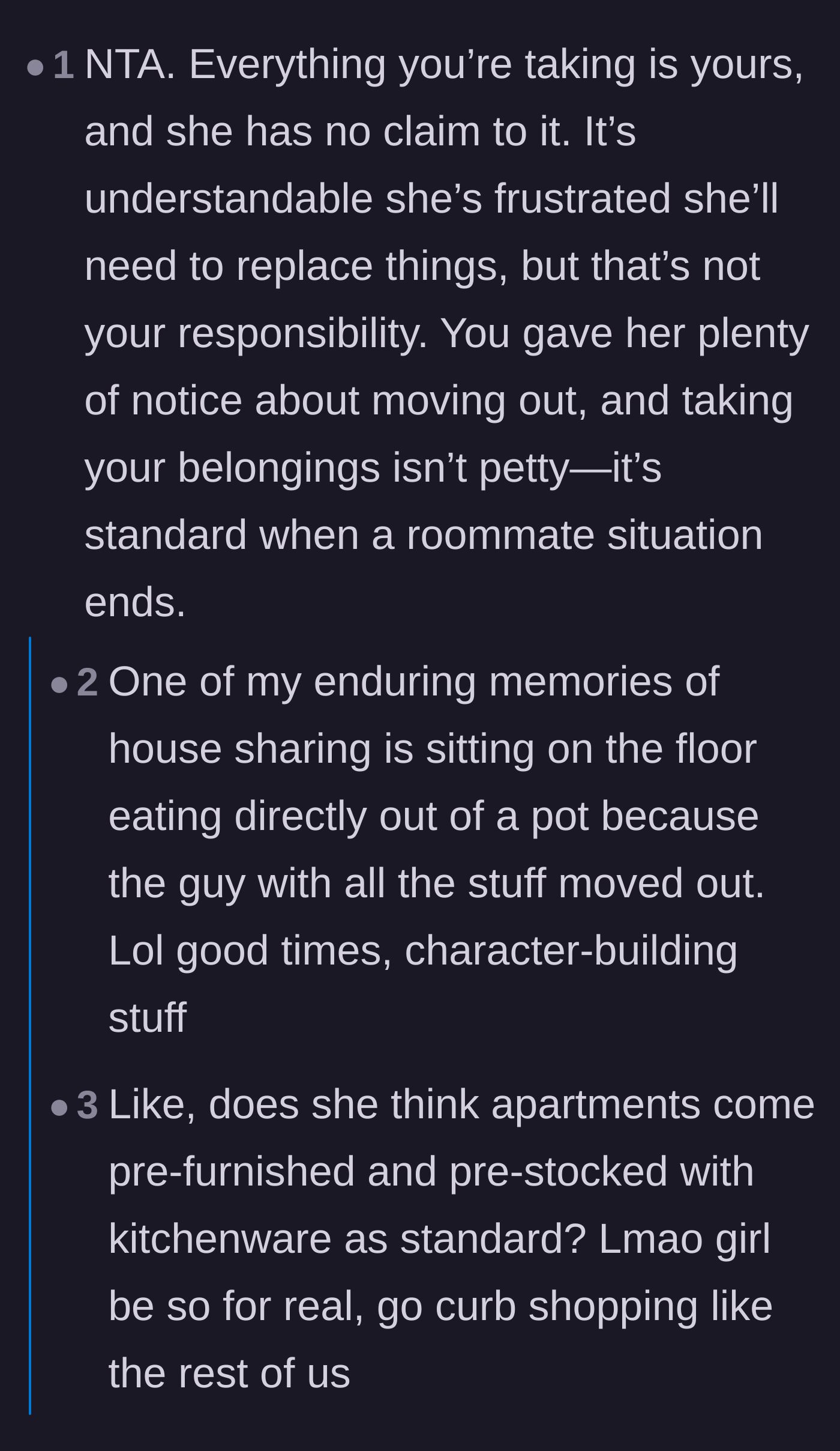 Comment thread 1 - Readers sharing humorous anecdotes about the stark reality of living in a suddenly unfurnished apartment.