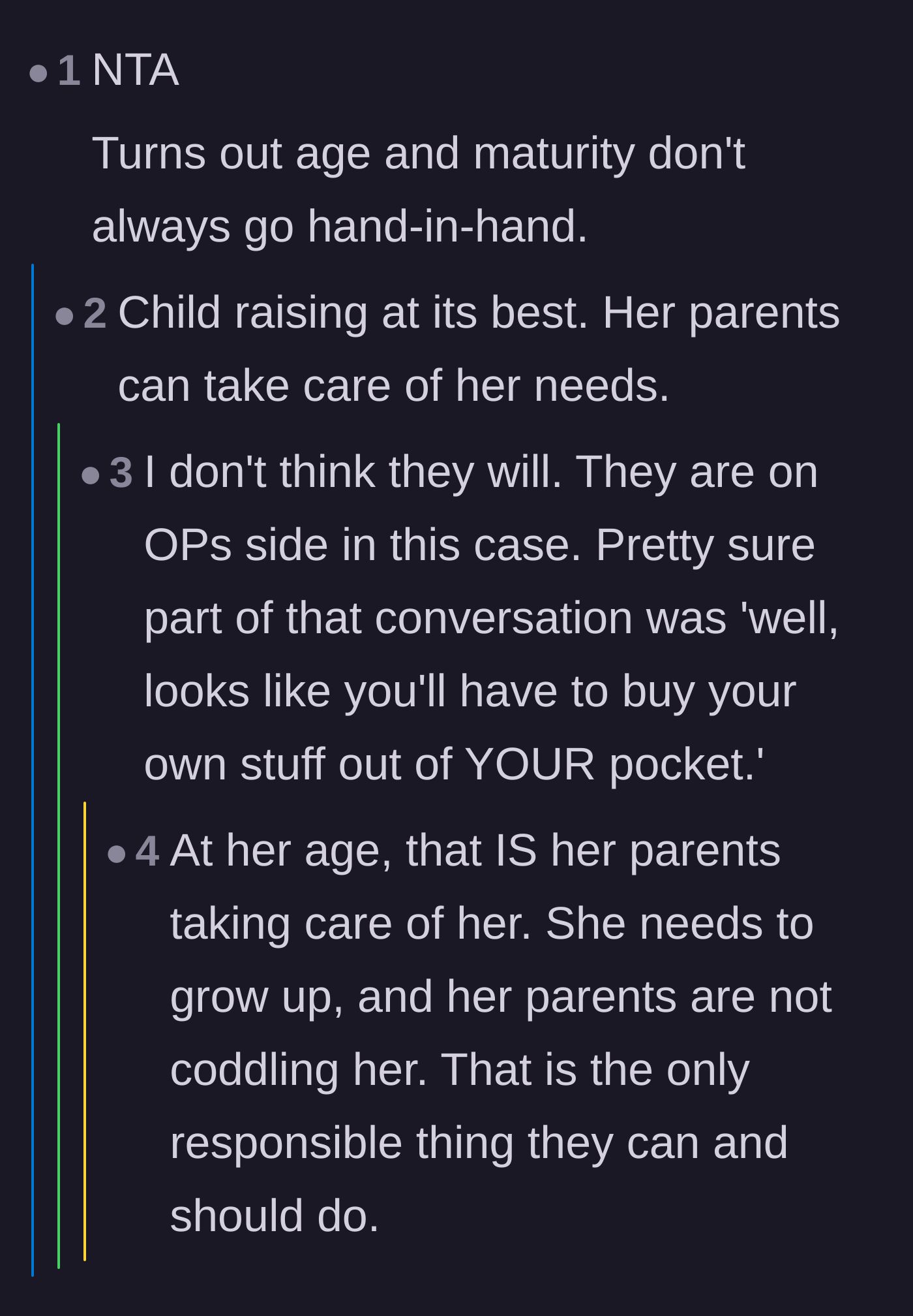 Comment thread 2 - A discussion on how age does not guarantee maturity and the necessity of firm parental boundaries.
