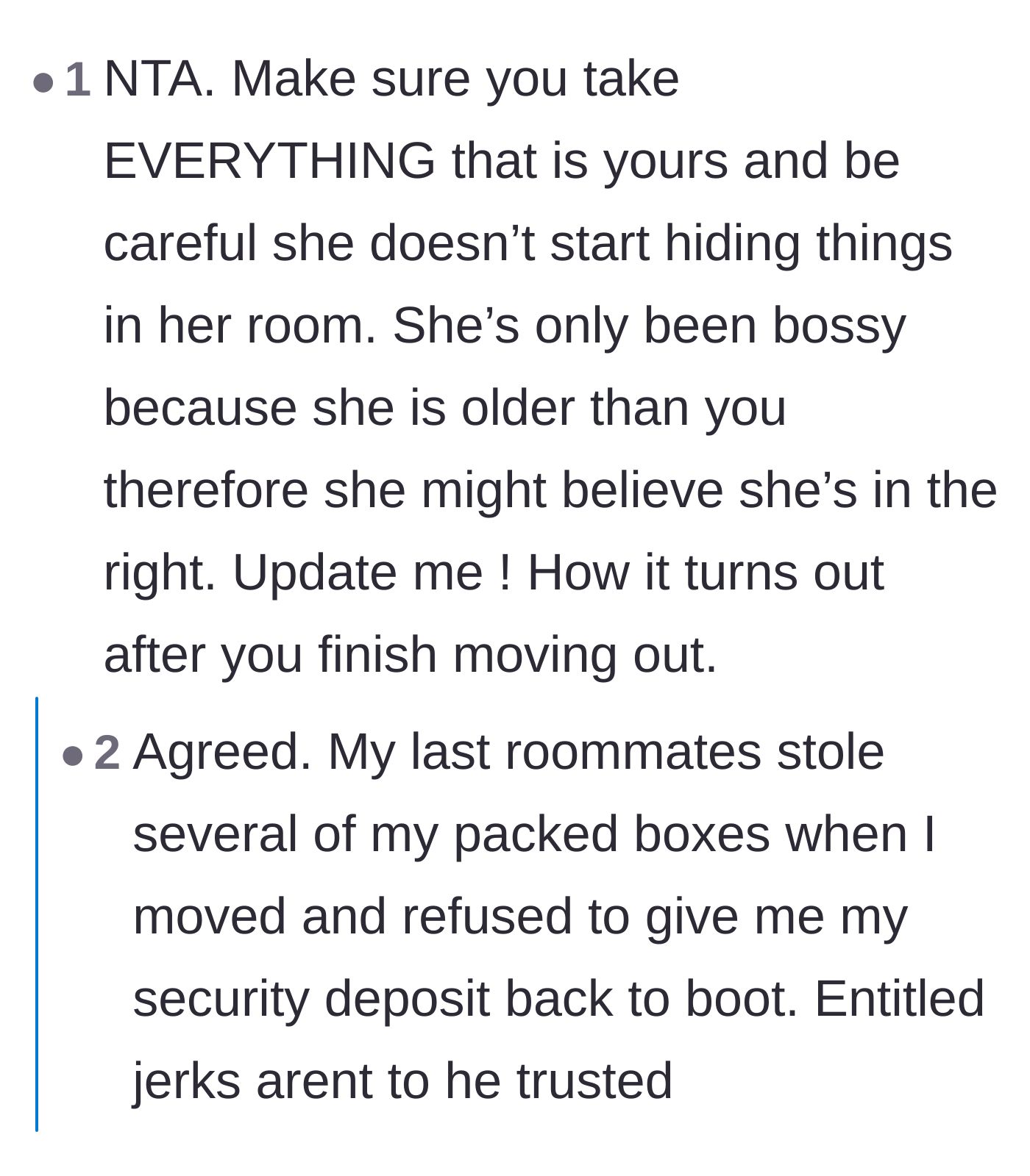 Comment thread 4 - Warnings to protect personal belongings from a potentially vindictive roommate during the move.