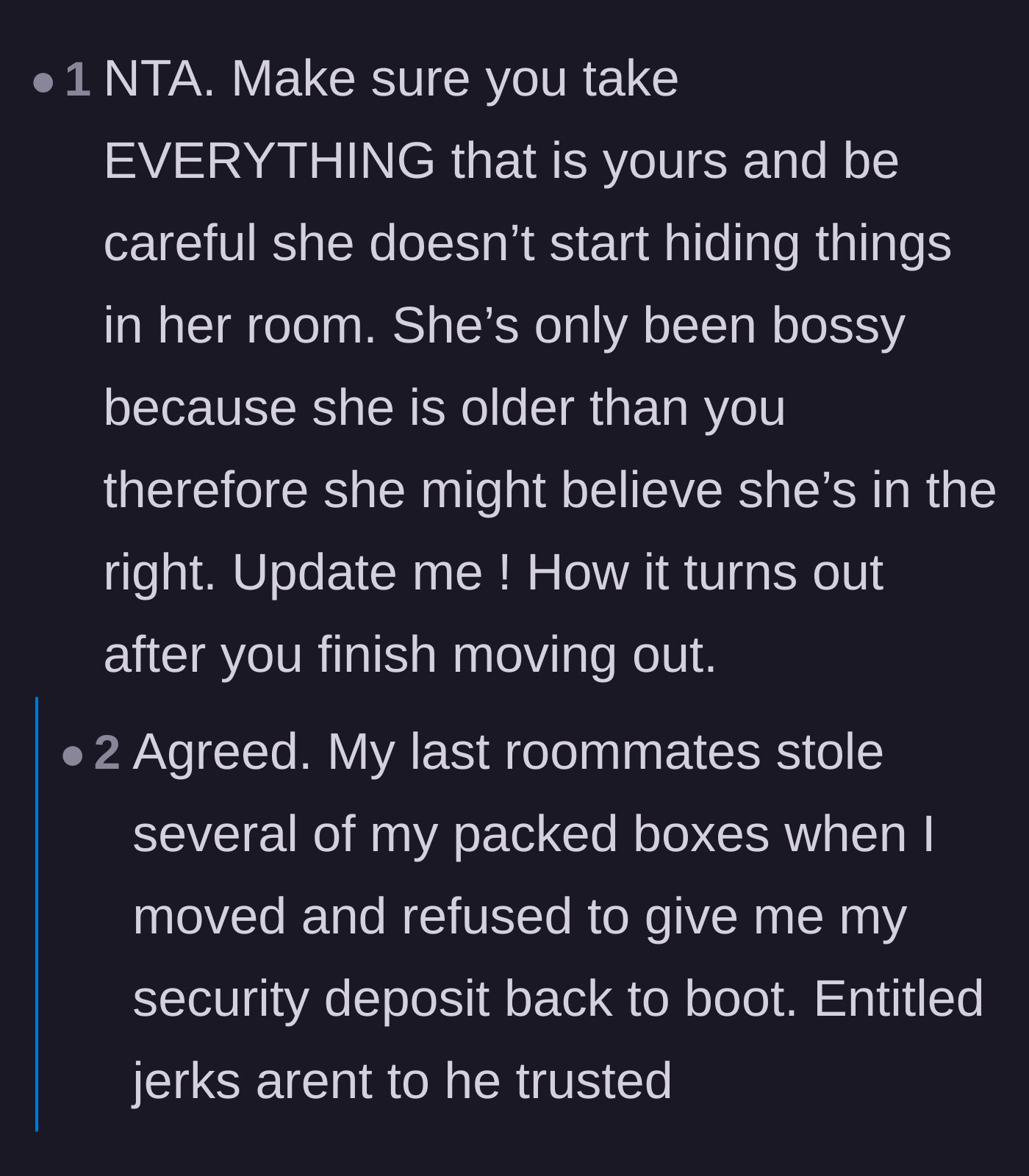 Comment thread 4 - Warnings to protect personal belongings from a potentially vindictive roommate during the move.