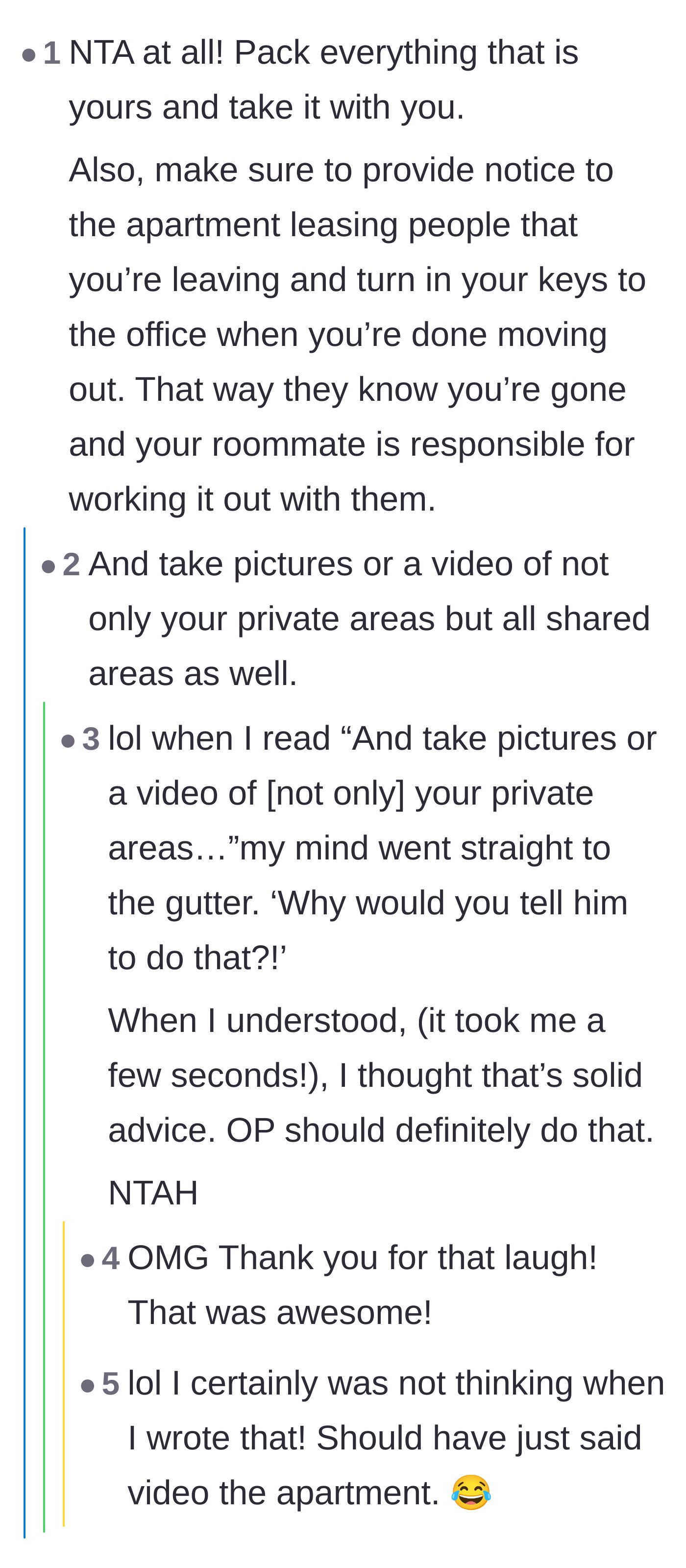 Comment thread 5 - Practical advice on lease termination and documenting the apartment's condition, featuring a humorous misunderstanding.