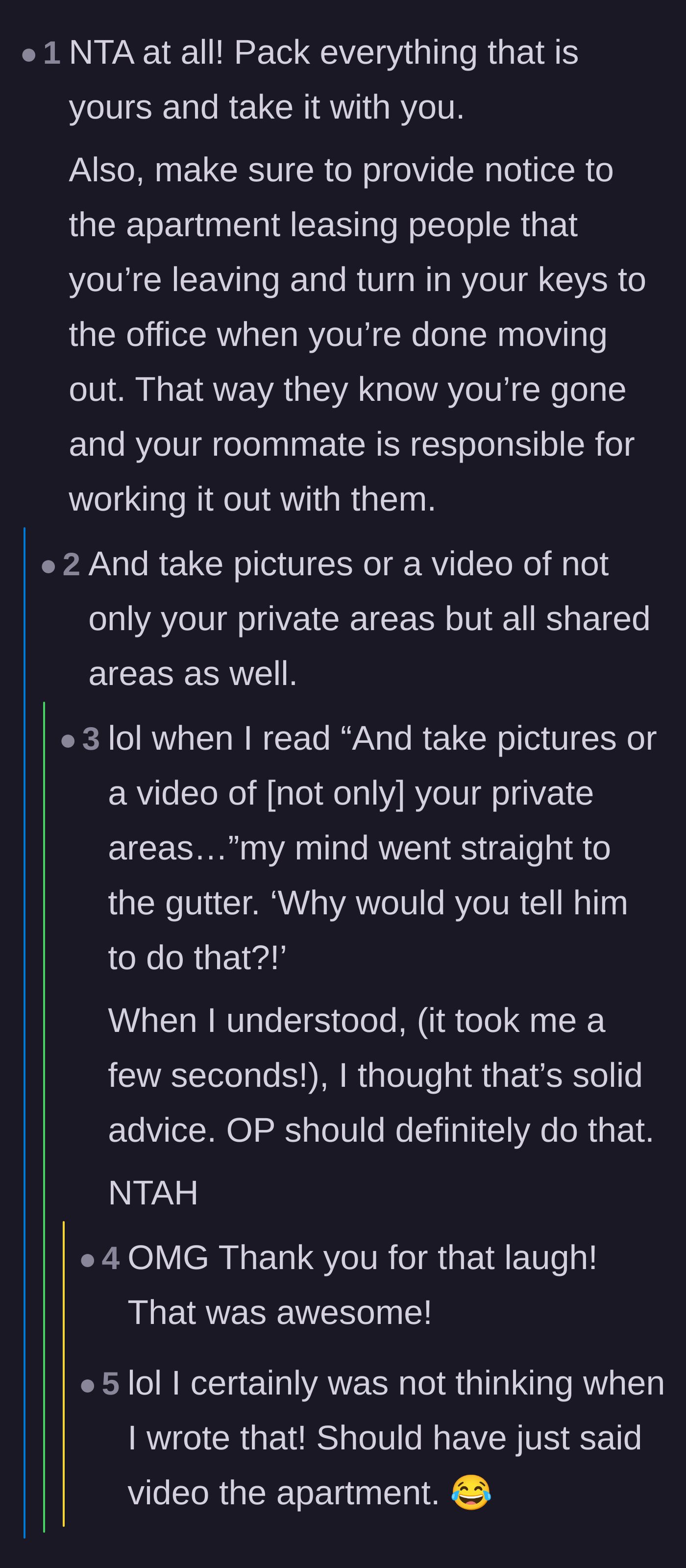 Comment thread 5 - Practical advice on lease termination and documenting the apartment's condition, featuring a humorous misunderstanding.