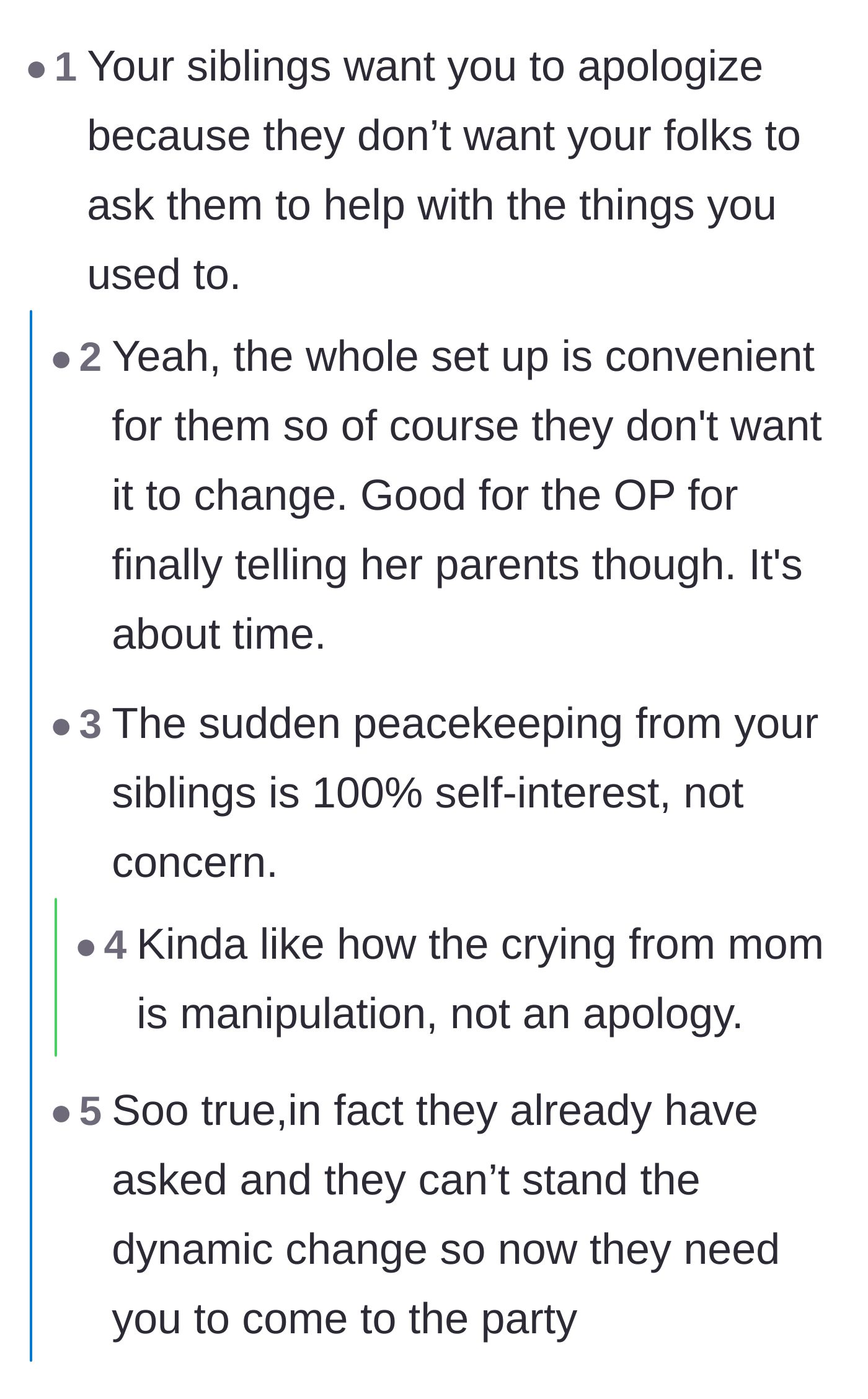 Comment thread 1 - Readers pointing out that the siblings only want an apology so they don't have to take over her errands.