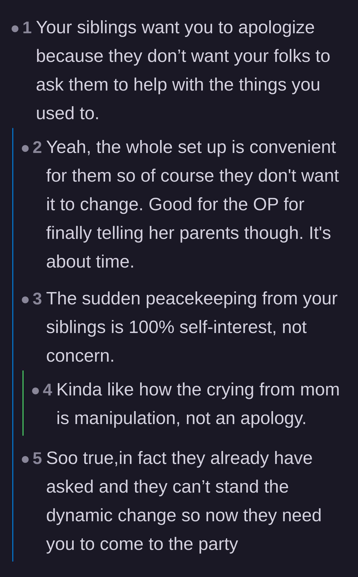 Comment thread 1 - Readers pointing out that the siblings only want an apology so they don't have to take over her errands.