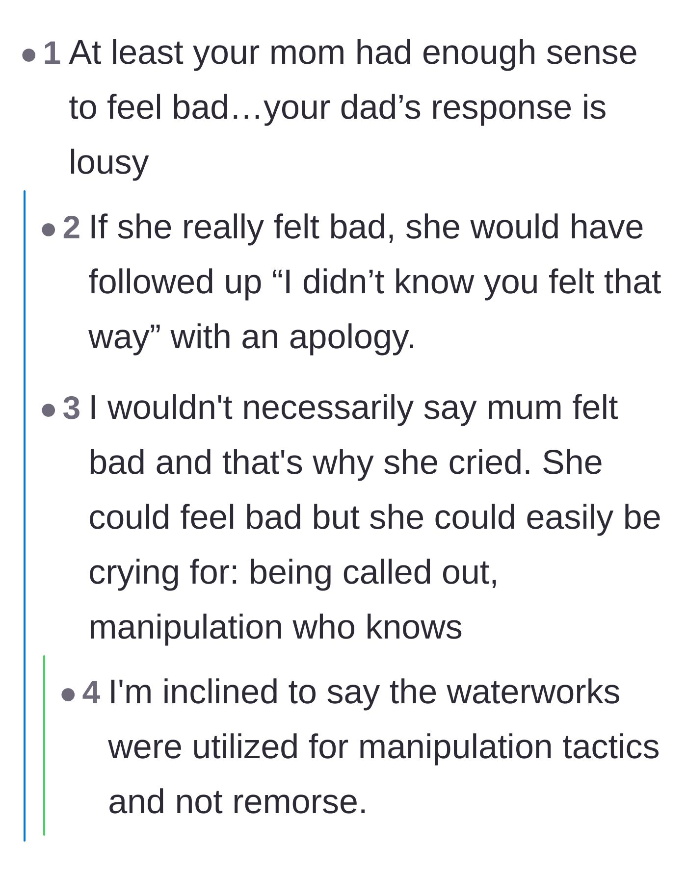Comment thread 2 - A debate on whether the mother's tears were genuine guilt or a manipulation tactic to avoid accountability.