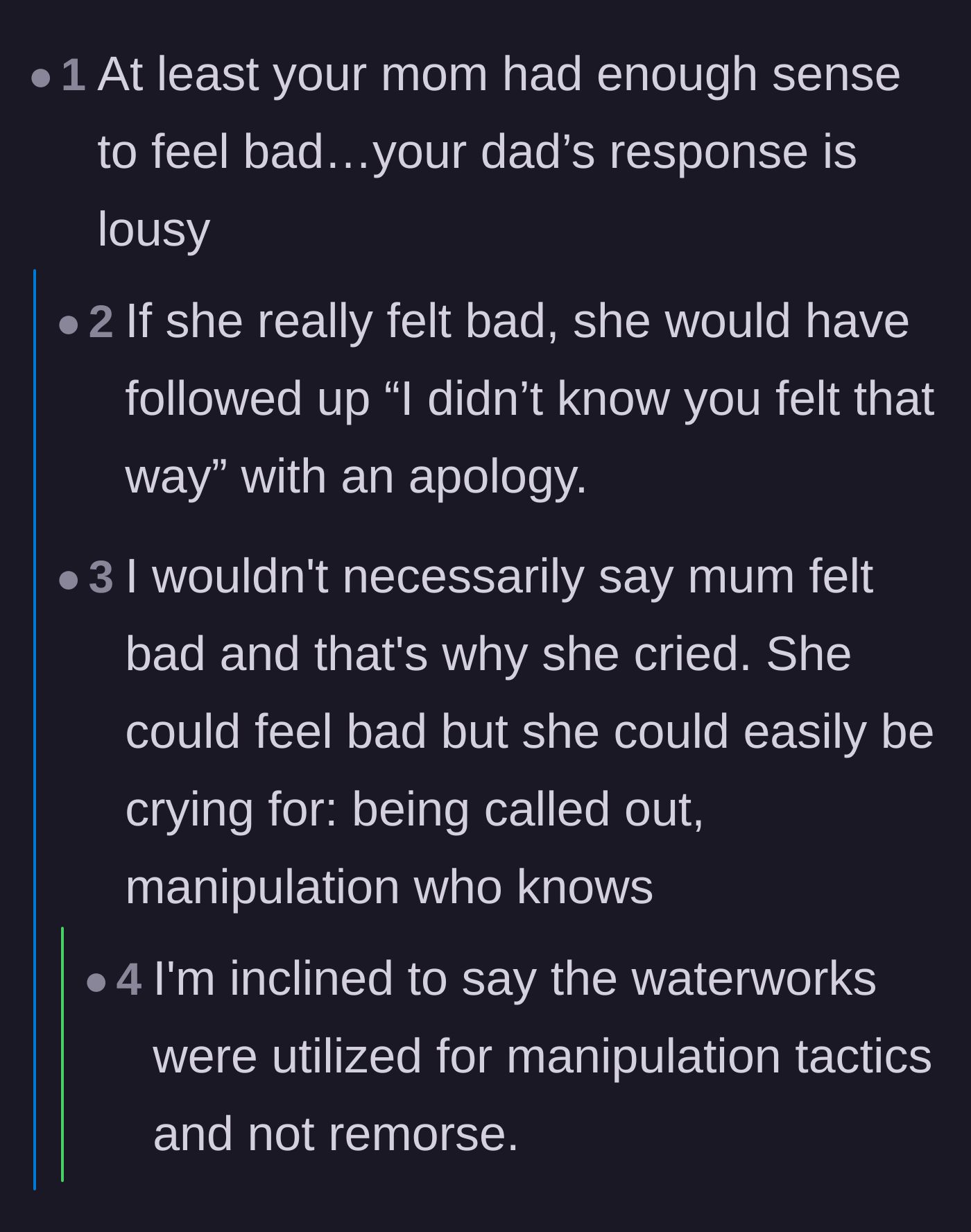 Comment thread 2 - A debate on whether the mother's tears were genuine guilt or a manipulation tactic to avoid accountability.