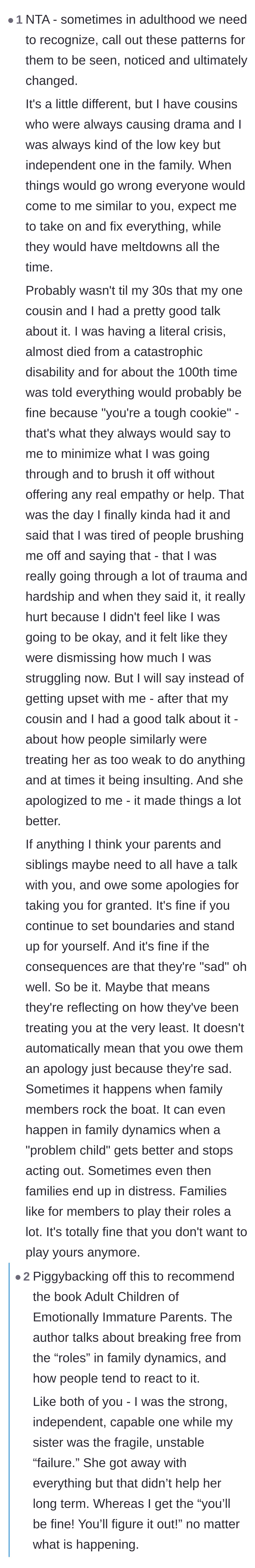 Comment thread 4 - A reader sharing their own painful experience of being the resilient family member whose struggles were always minimized.