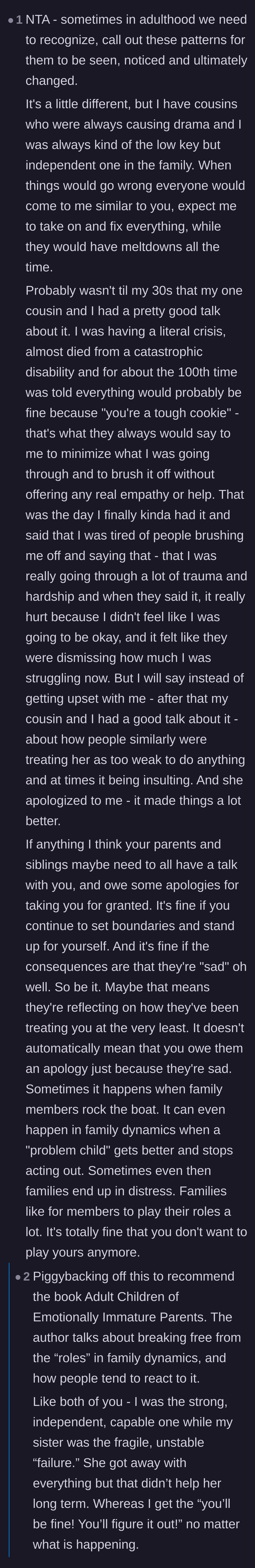 Comment thread 4 - A reader sharing their own painful experience of being the resilient family member whose struggles were always minimized.