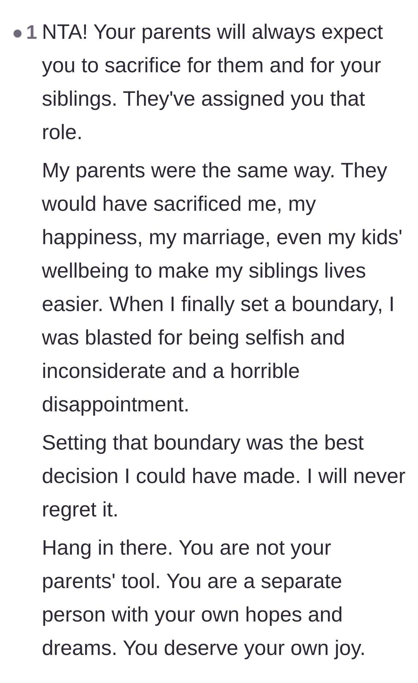 Comment thread 5 - A commenter recounting how their parents expected them to sacrifice everything for their siblings, and the peace of finally walking away.