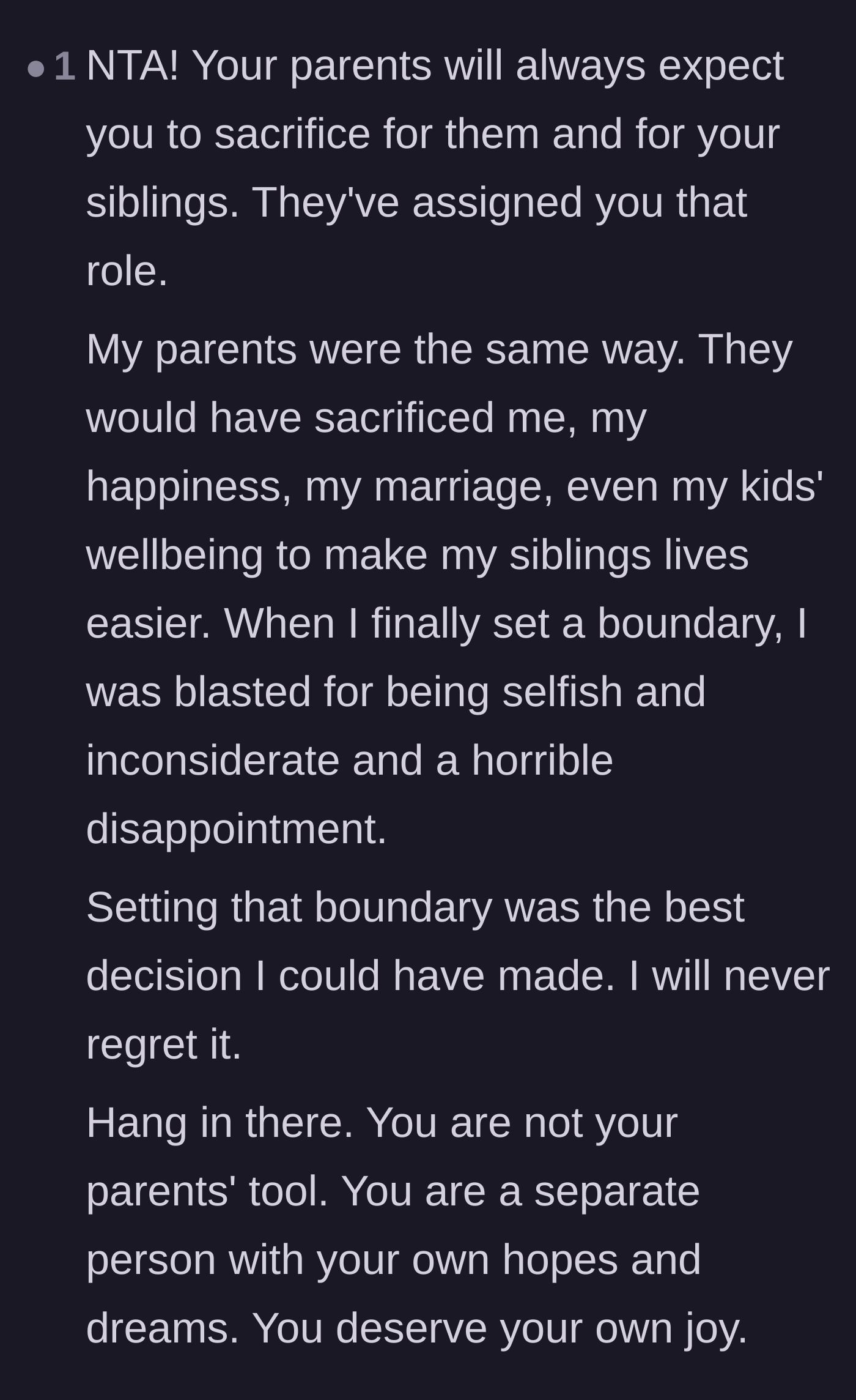 Comment thread 5 - A commenter recounting how their parents expected them to sacrifice everything for their siblings, and the peace of finally walking away.