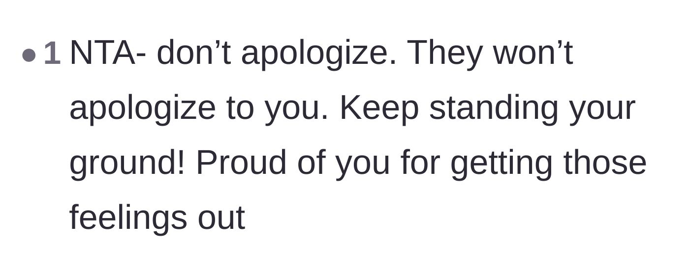Comment thread 6 - Encouragement to stand her ground and refuse to apologize to parents who won't apologize back.