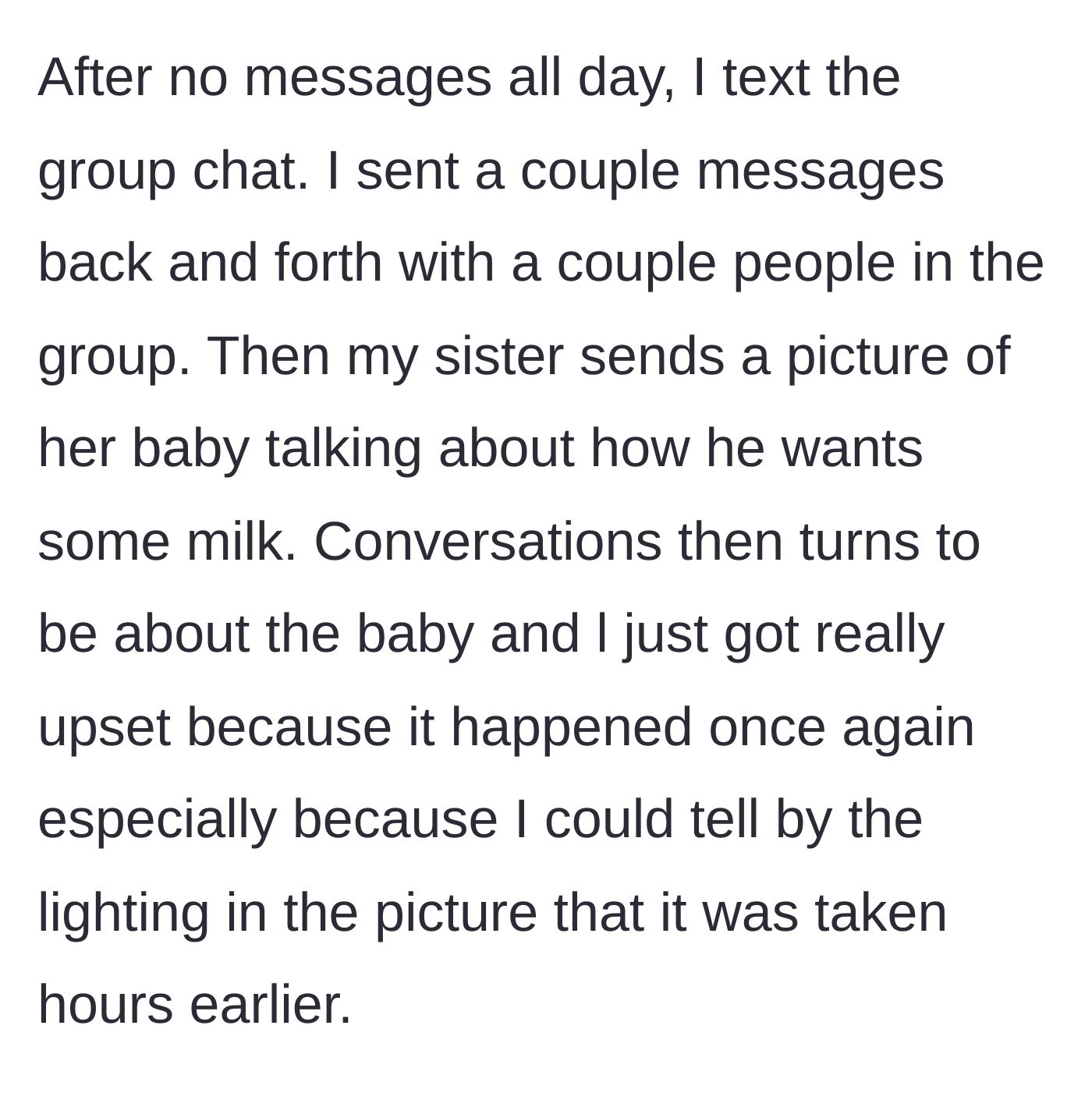 Story part 4 - The sister interrupts the serious career conversation with an old photo of her baby wanting milk.