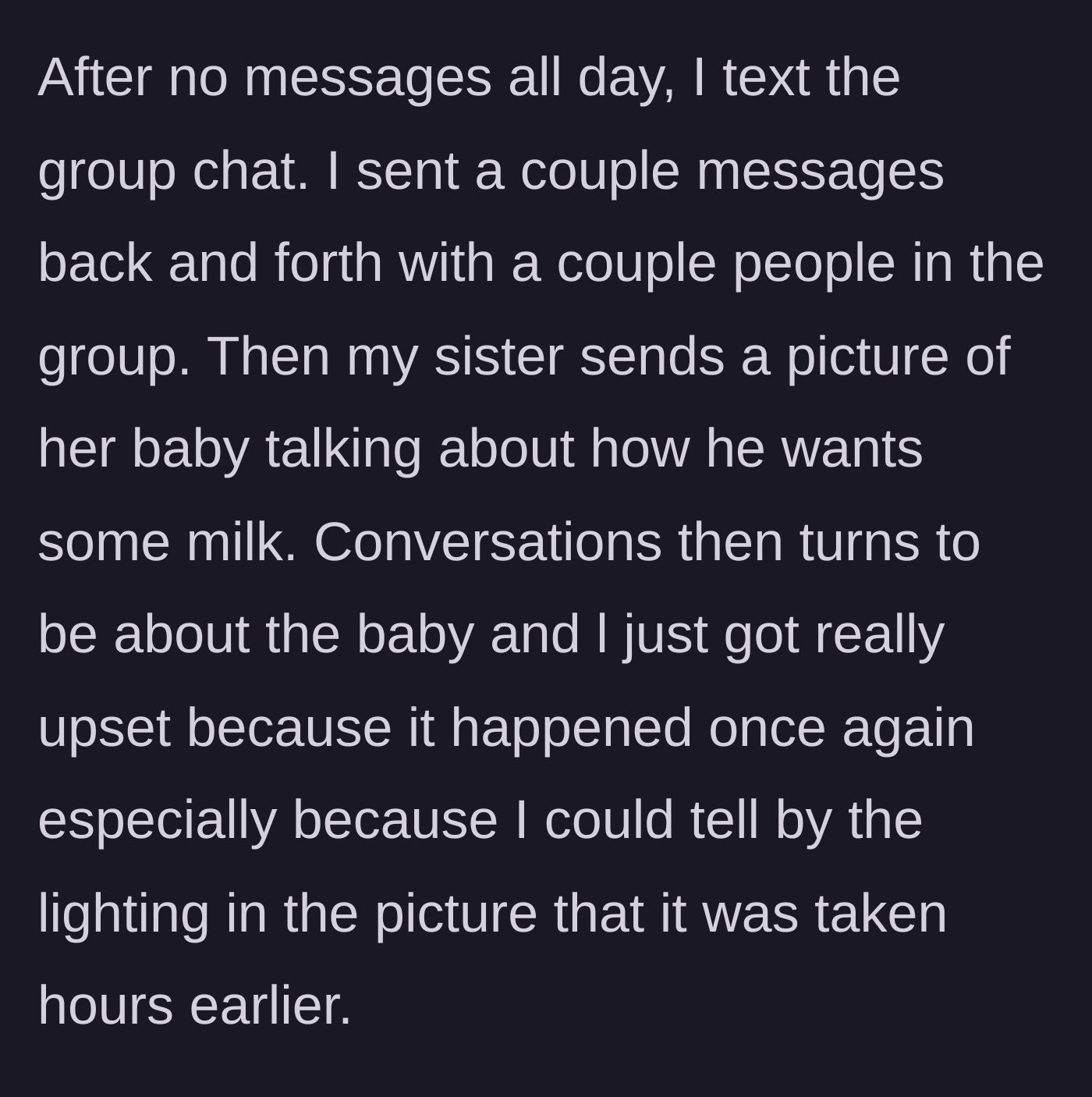 Story part 4 - The sister interrupts the serious career conversation with an old photo of her baby wanting milk.
