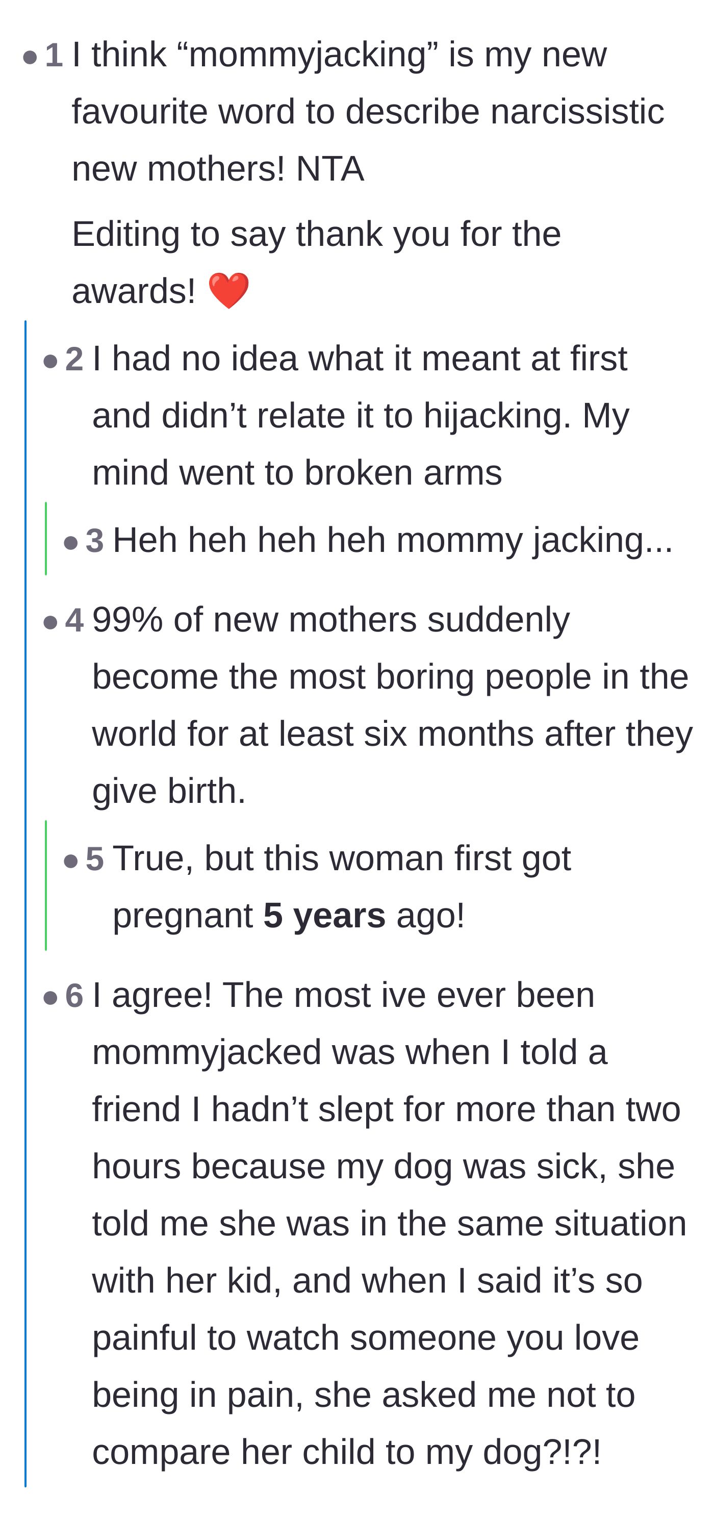 Comment thread 1 - Readers discuss the term 'mommyjacking' and debate how long it is acceptable for a mother's identity to revolve entirely around her children.