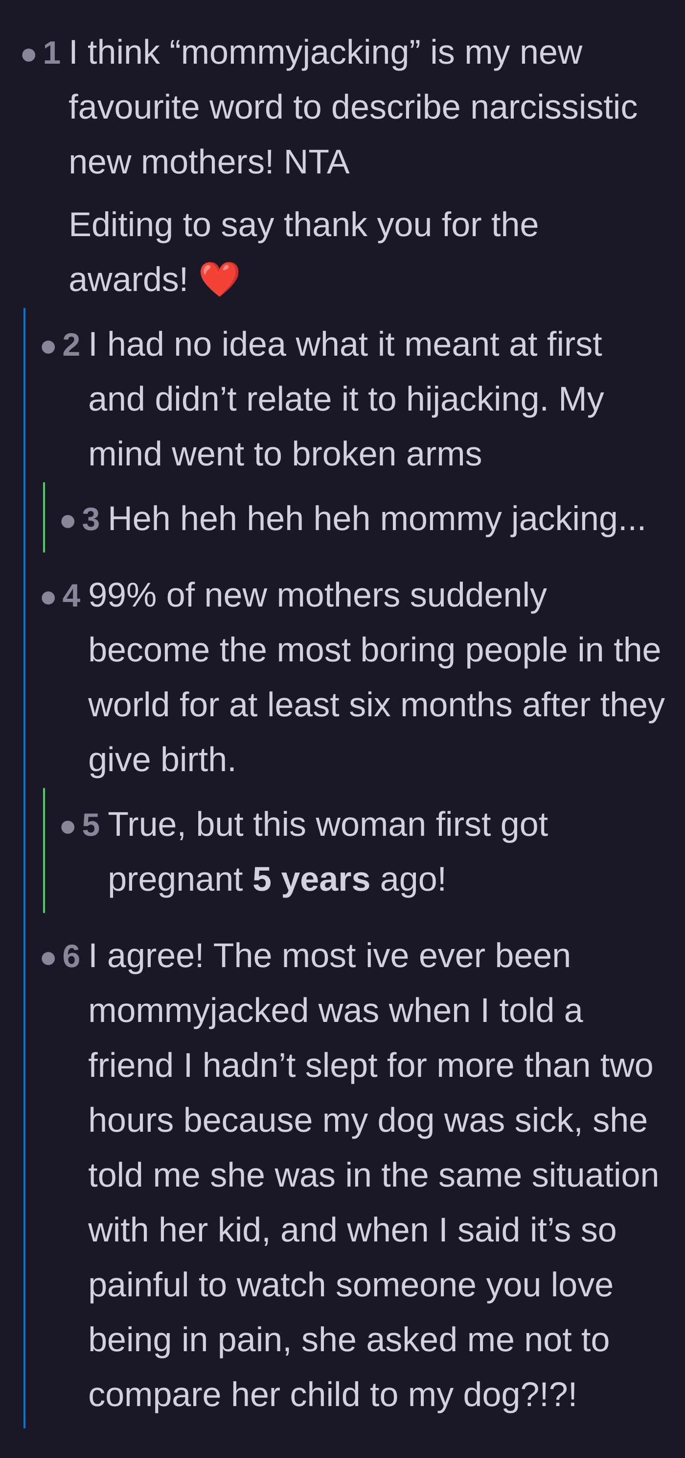 Comment thread 1 - Readers discuss the term 'mommyjacking' and debate how long it is acceptable for a mother's identity to revolve entirely around her children.