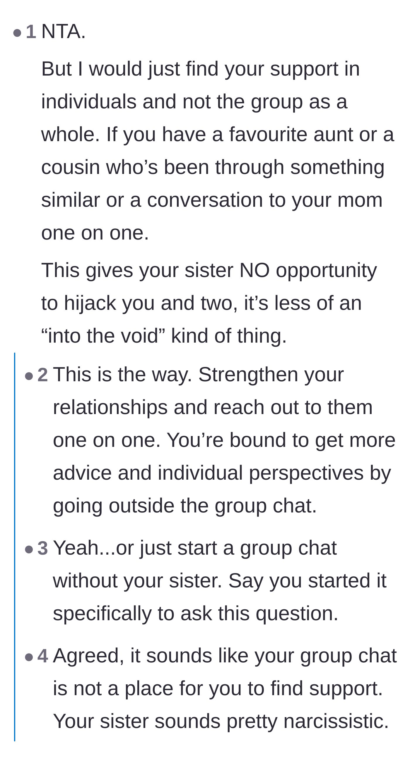 Comment thread 2 - Advice suggesting the main character abandon the group chat and seek support through one-on-one relationships instead.