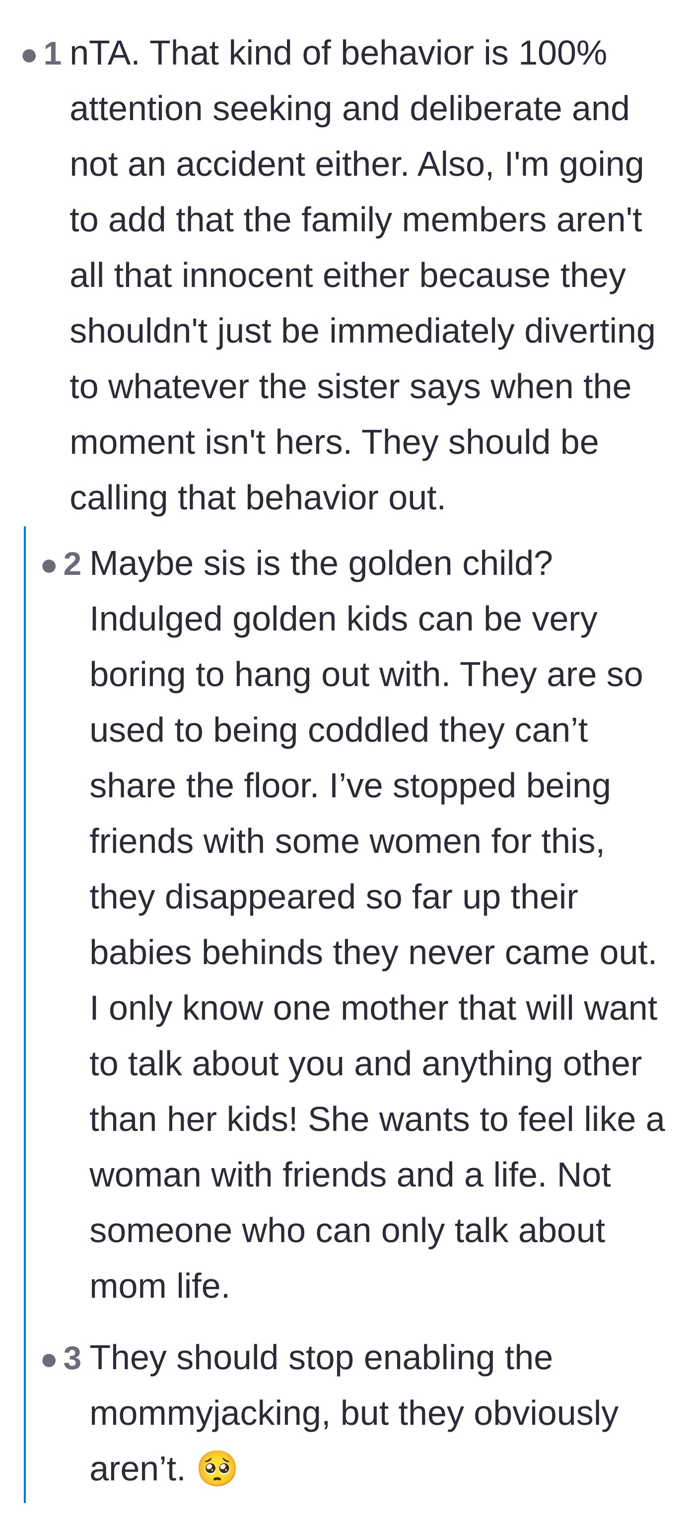 Comment thread 3 - Analysis of the family's dynamic, theorizing that the sister is an indulged golden child and the family uses baby photos to enforce toxic positivity.
