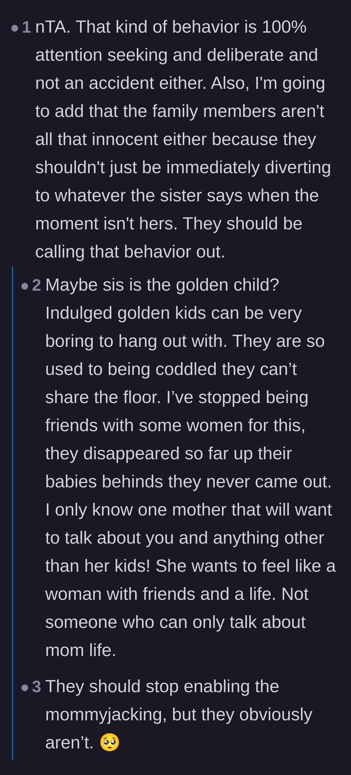 Comment thread 3 - Analysis of the family's dynamic, theorizing that the sister is an indulged golden child and the family uses baby photos to enforce toxic positivity.