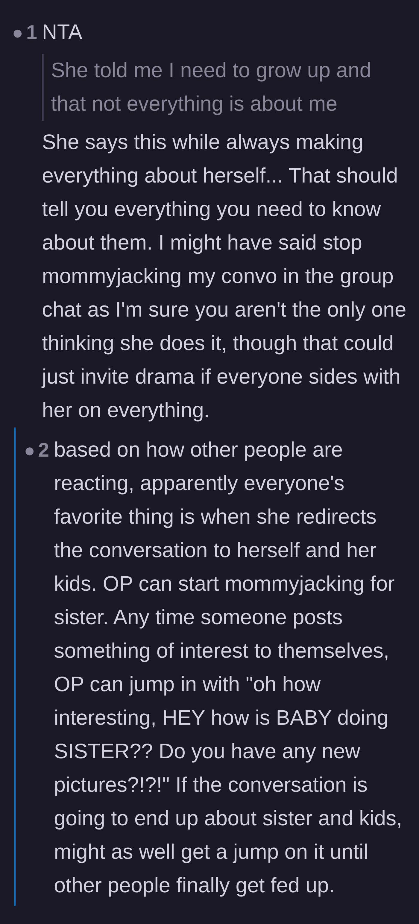 Comment thread 5 - Commenters point out the sister's hypocrisy and playfully suggest the main character aggressively hijack conversations on the sister's behalf as petty revenge.