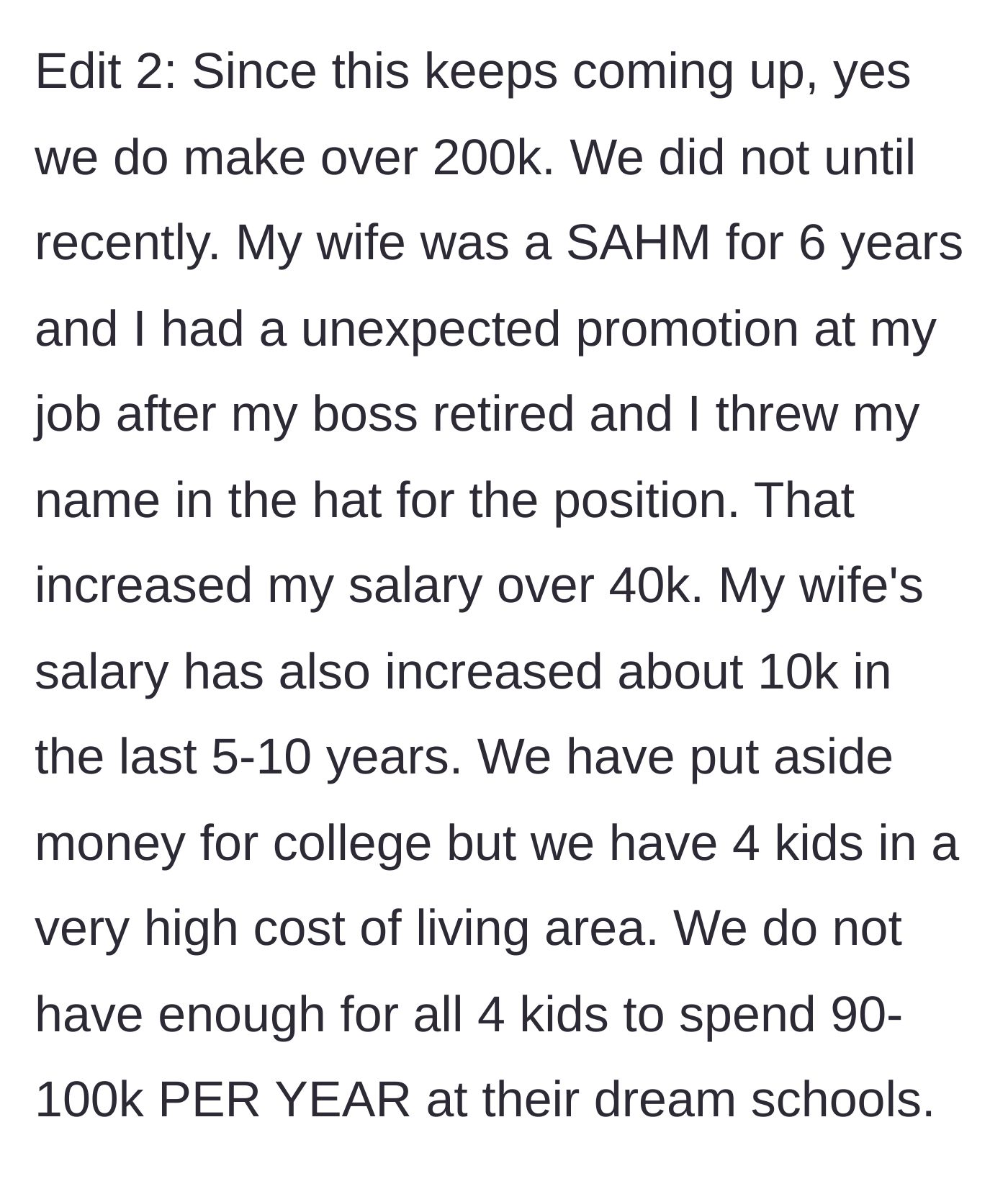 Story part 7 - A final edit detailing their $200k+ income, recent salary bumps, high cost of living, and the impossibility of paying $100k per year per child.