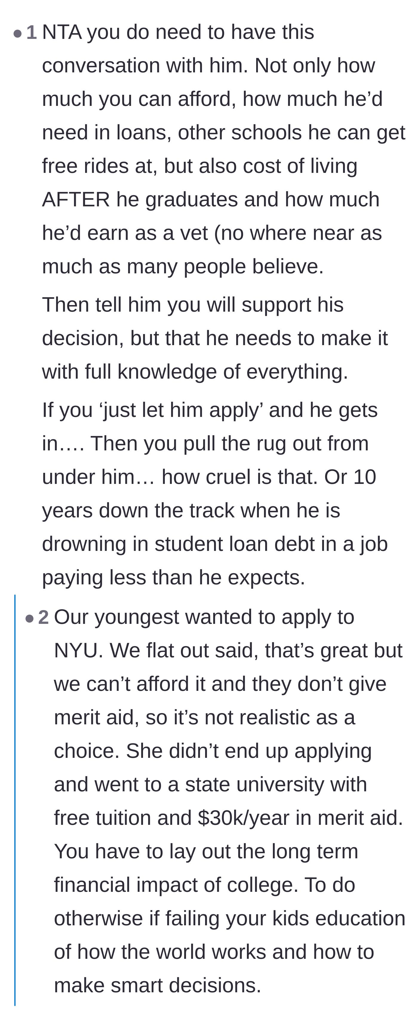Comment thread 1 - Readers sharing personal stories about how delaying the tuition conversation leads to heartbreak and wasted effort.
