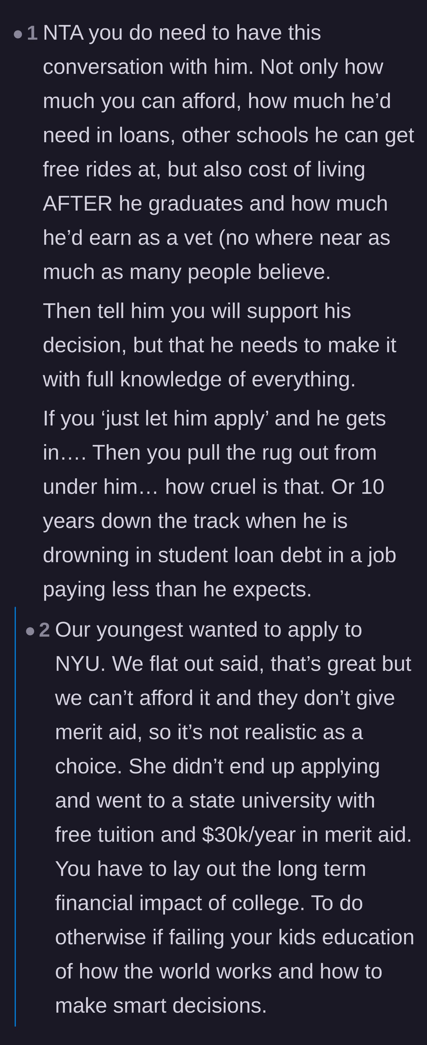 Comment thread 1 - Readers sharing personal stories about how delaying the tuition conversation leads to heartbreak and wasted effort.