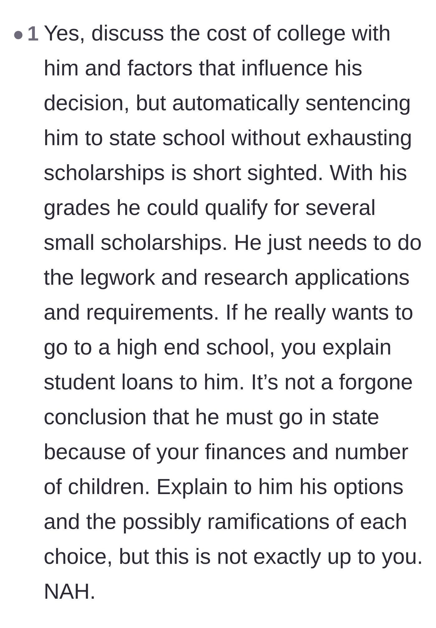 Comment thread 2 - A debate on whether the son should still research external scholarships before entirely giving up on private universities.