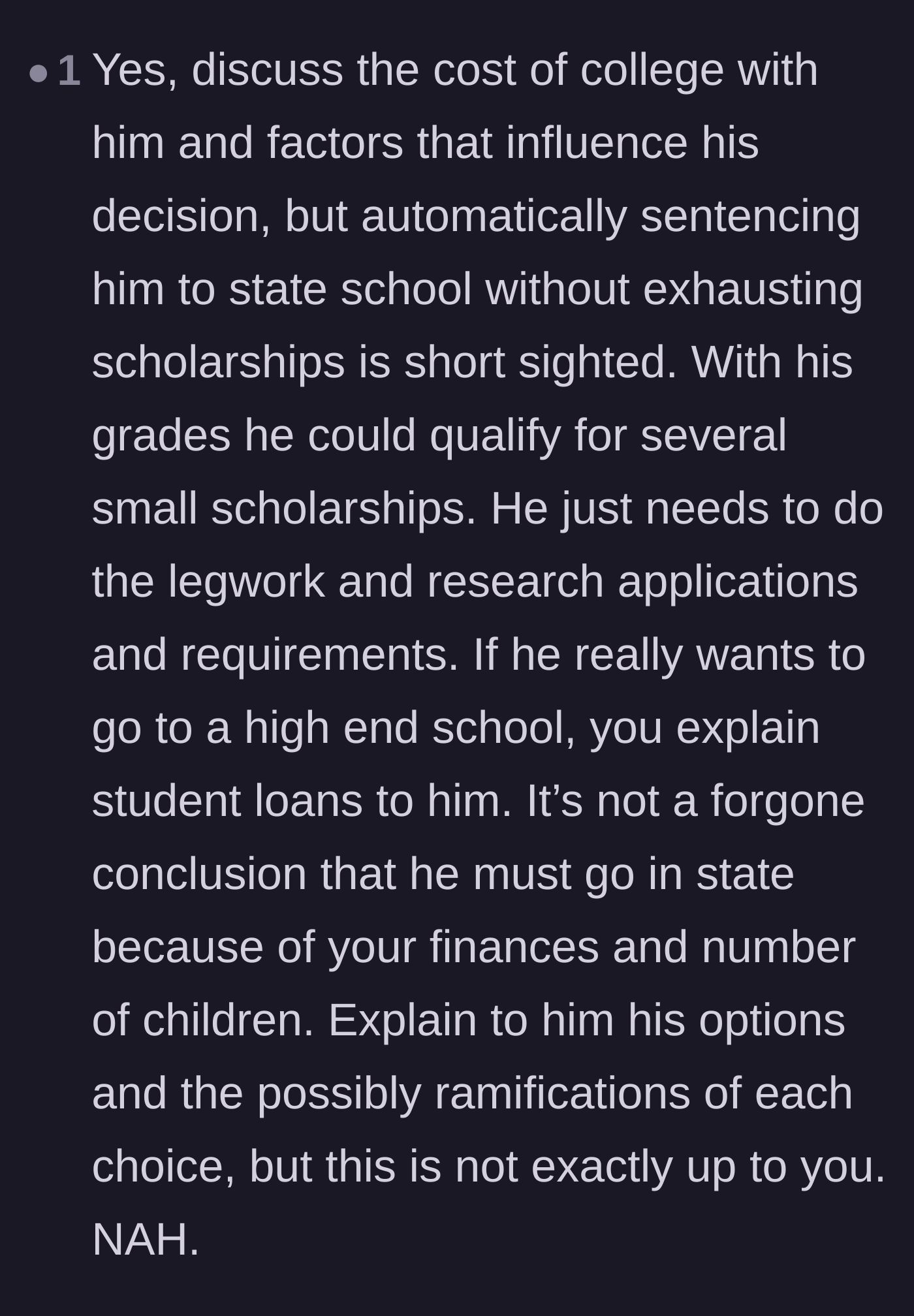 Comment thread 2 - A debate on whether the son should still research external scholarships before entirely giving up on private universities.