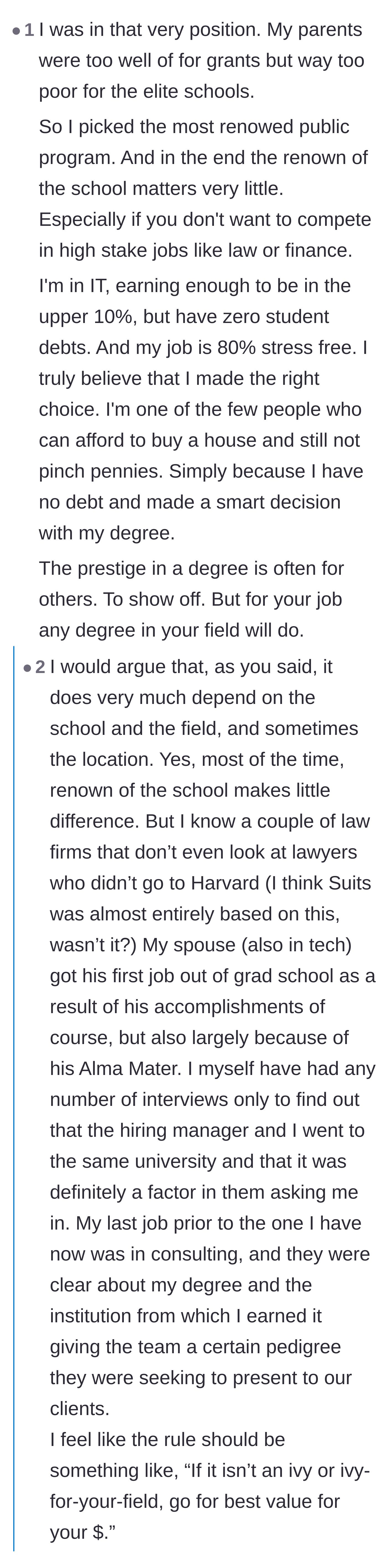 Comment thread 3 - A professional shares how choosing a public university resulted in a stress-free, debt-free life with homeownership.