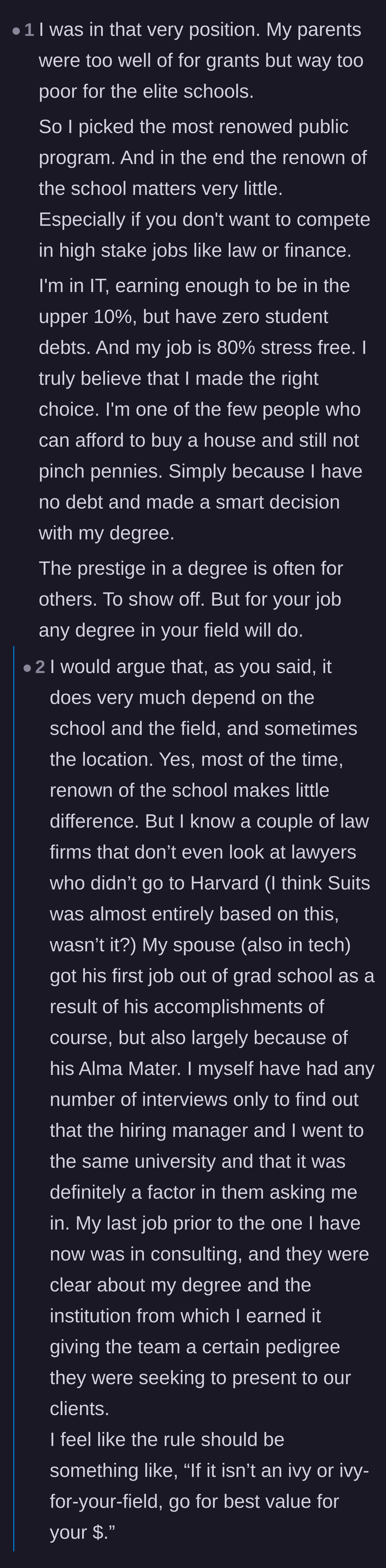 Comment thread 3 - A professional shares how choosing a public university resulted in a stress-free, debt-free life with homeownership.