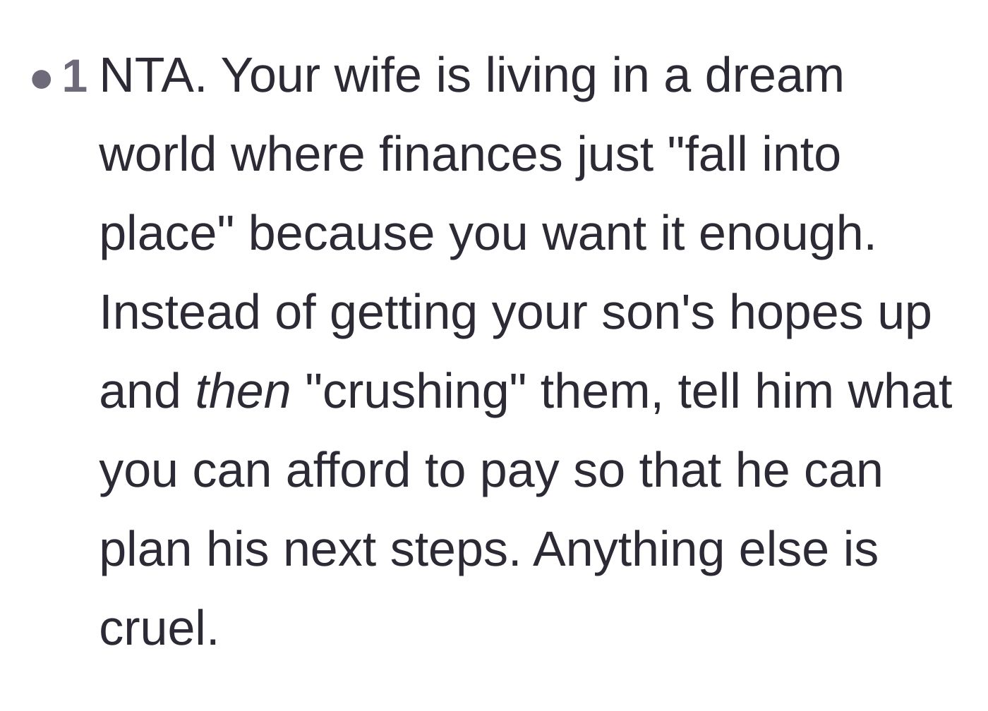 Comment thread 4 - A sharp critique of the wife's reliance on magical thinking to solve six-figure financial problems.