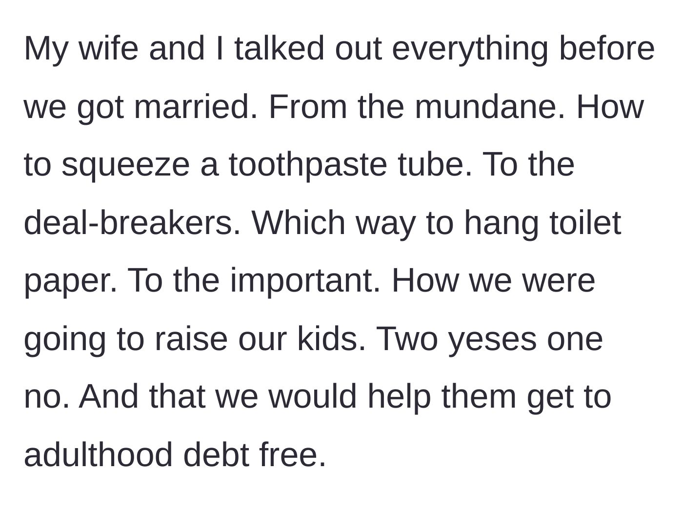 Story part 1 - A couple agreeing on life goals and parenting rules before getting married.