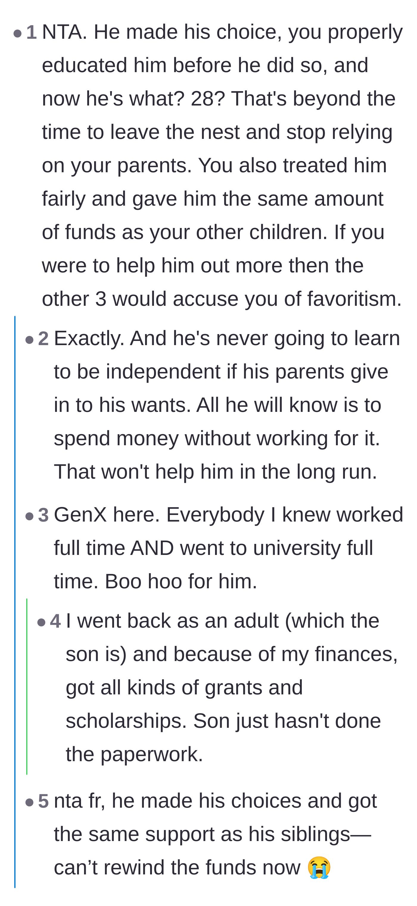 Comment thread 1 - Readers agreeing that the son is too old for a bailout and that working through college is normal adulthood.