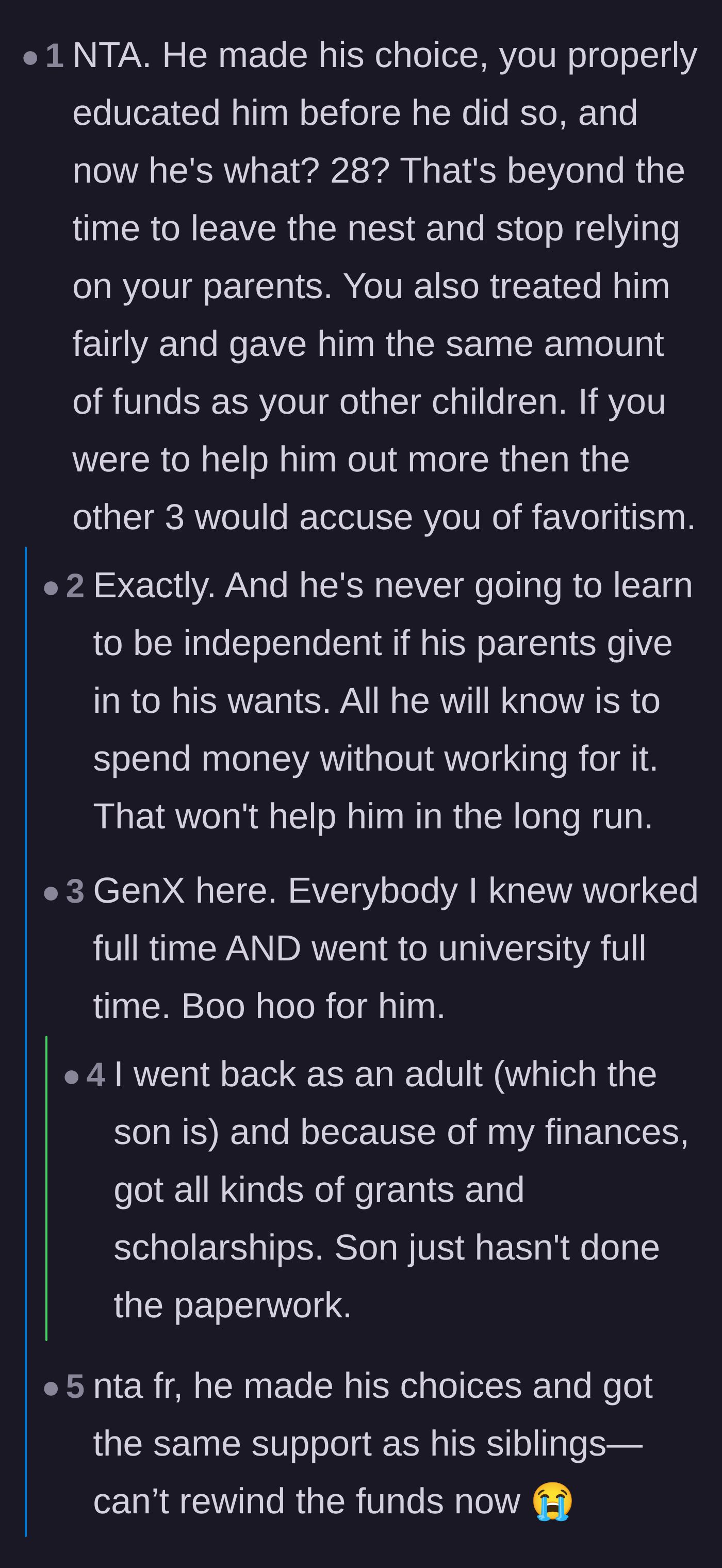 Comment thread 1 - Readers agreeing that the son is too old for a bailout and that working through college is normal adulthood.