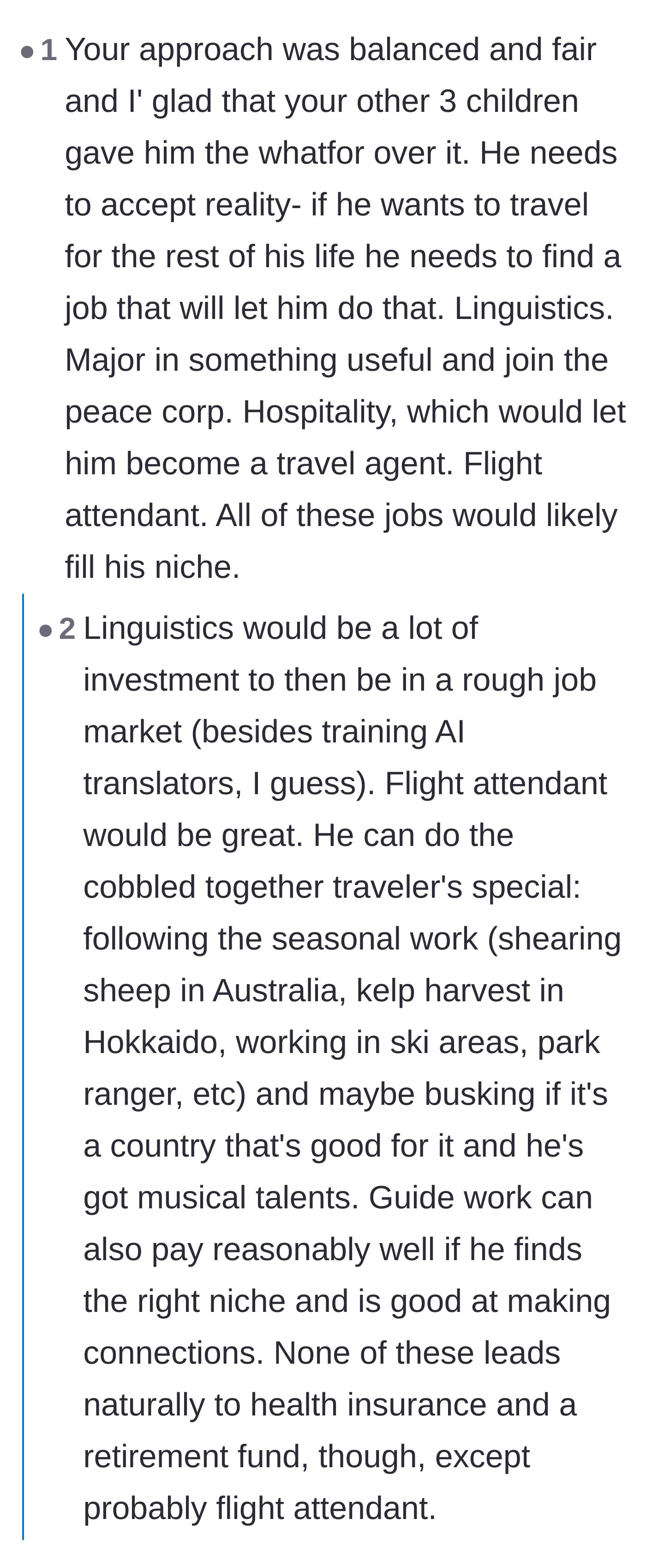 Comment thread 3 - Users suggesting actual careers that allow for travel, like flight attendants and seasonal workers.