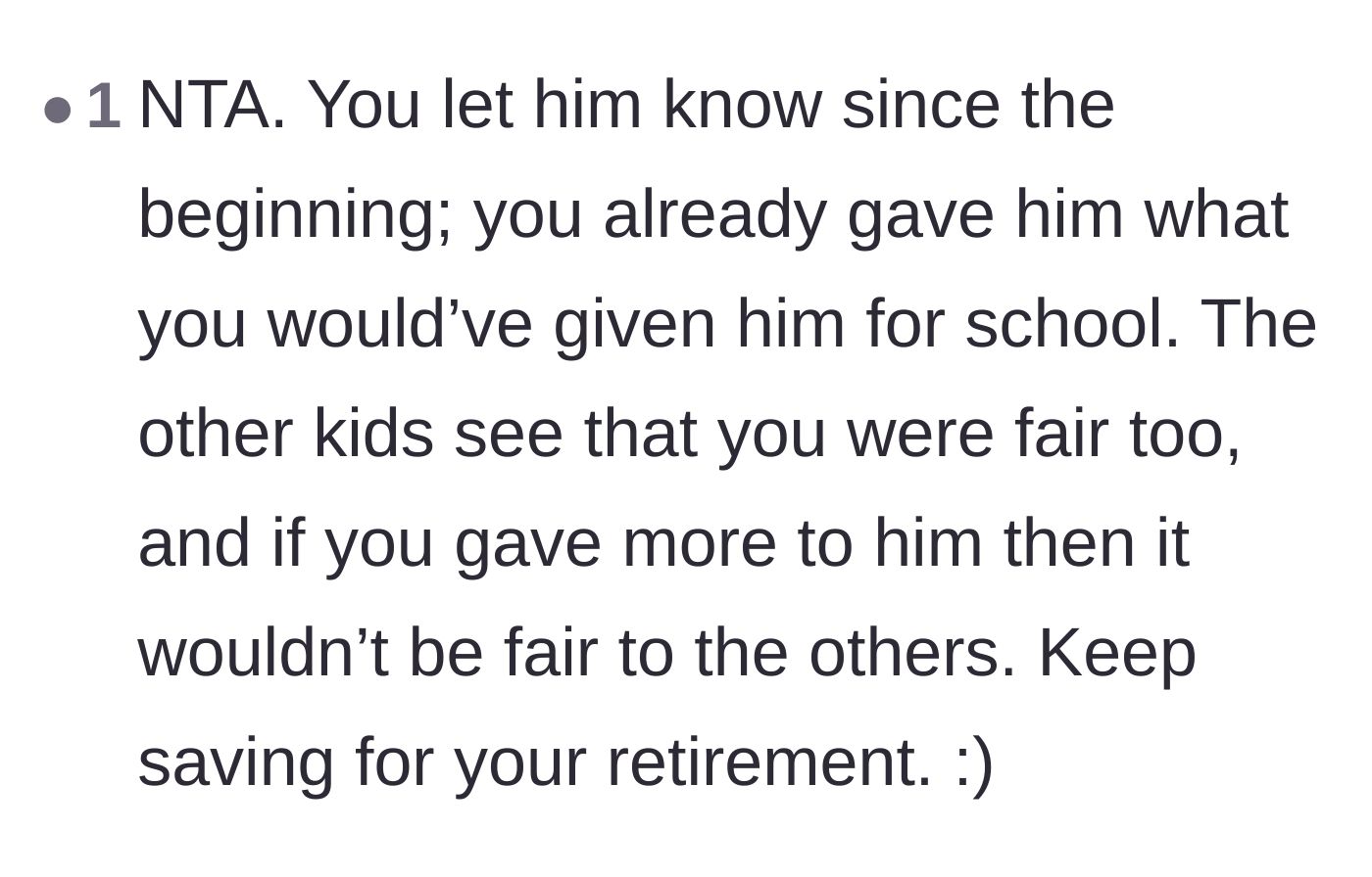 Comment thread 4 - Advice for the parents to prioritize their retirement over the son's second request for funds.