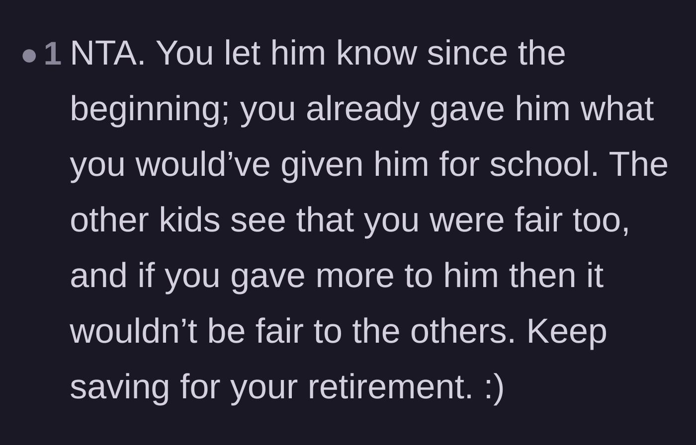 Comment thread 4 - Advice for the parents to prioritize their retirement over the son's second request for funds.