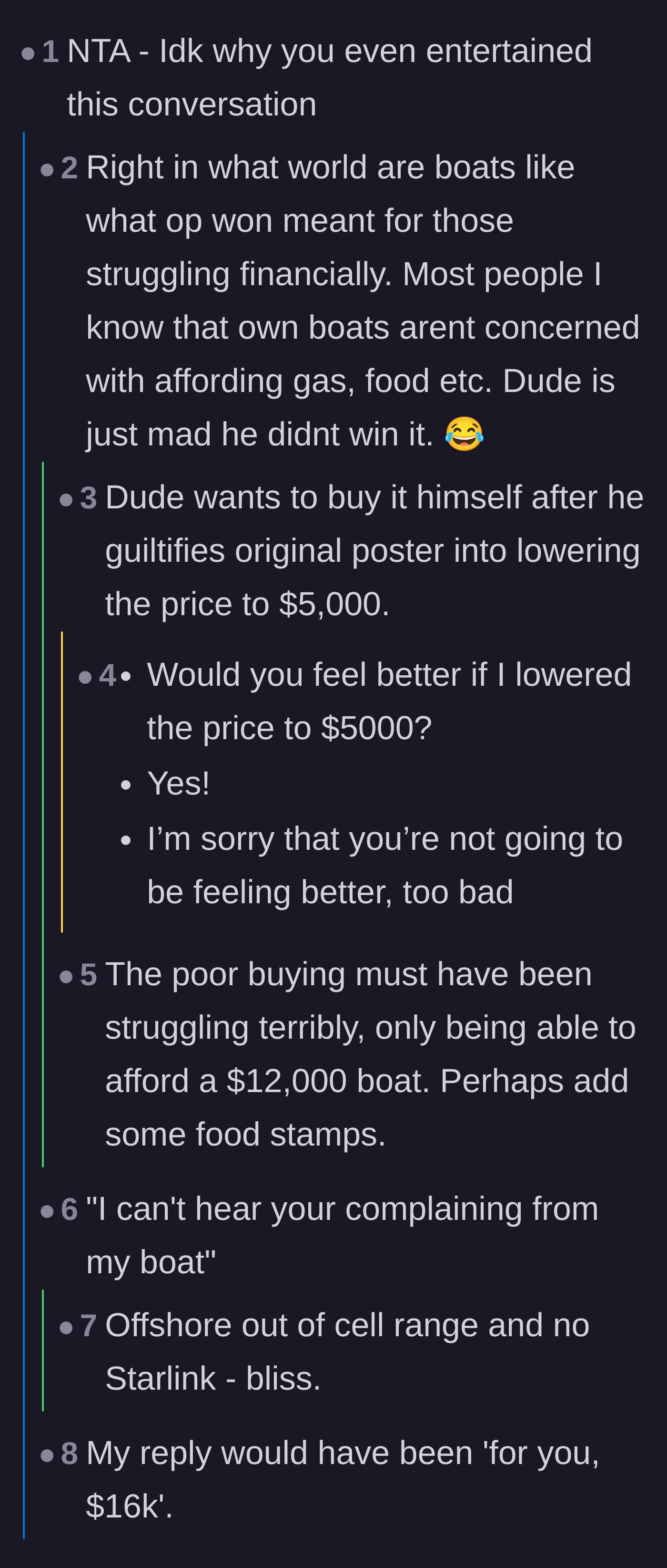 Comment thread 1 - Readers mocking the idea that someone financially struggling would be shopping for a $12,000 luxury fishing boat.
