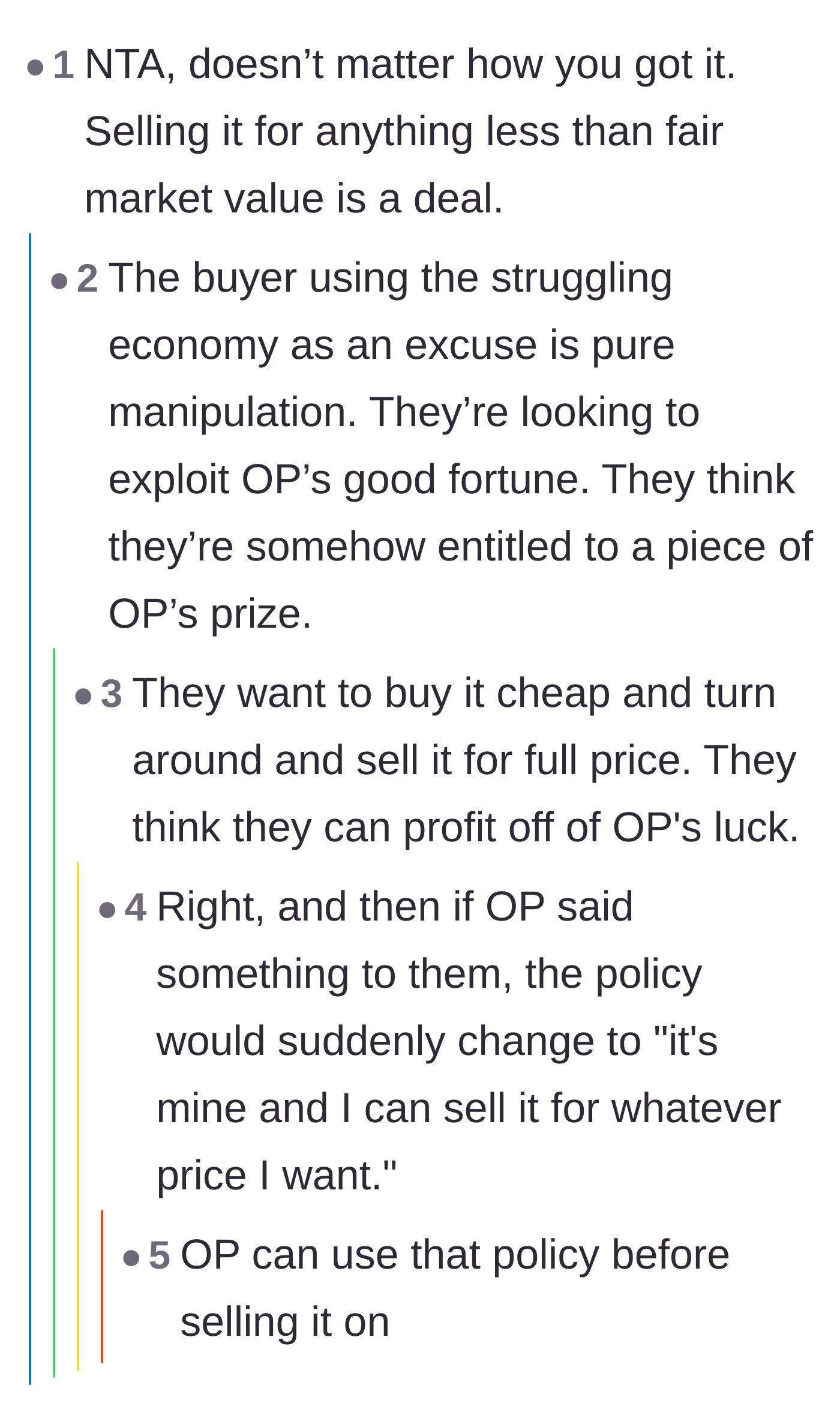 Comment thread 2 - Discussion about how the buyer is likely a reseller trying to exploit the seller's good luck for their own profit.